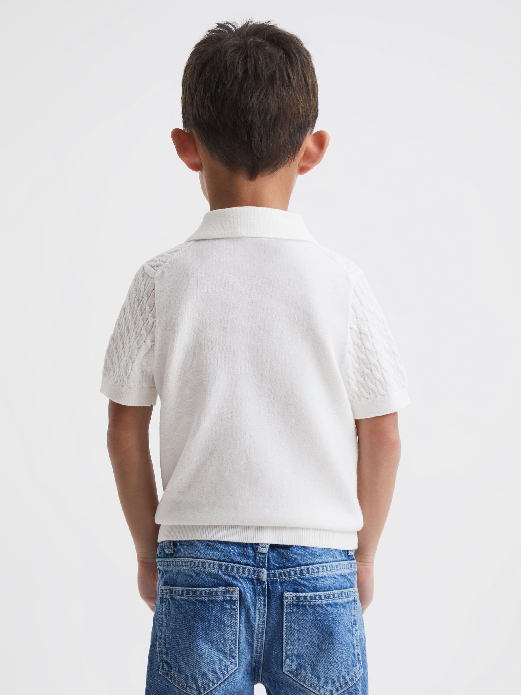 Senior Press Stud Cable Knit Polo Shirt in Ecru - Image 5 of 6