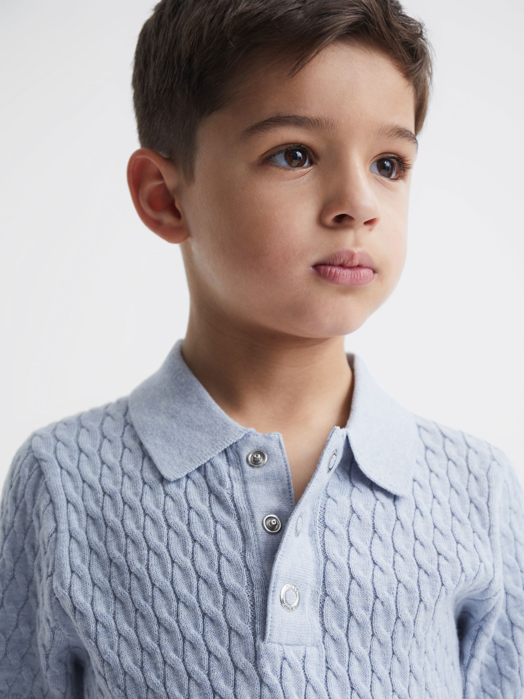 Junior Press Stud Cable Knit Polo Shirt in Soft Blue Melange - Image 4 of 6