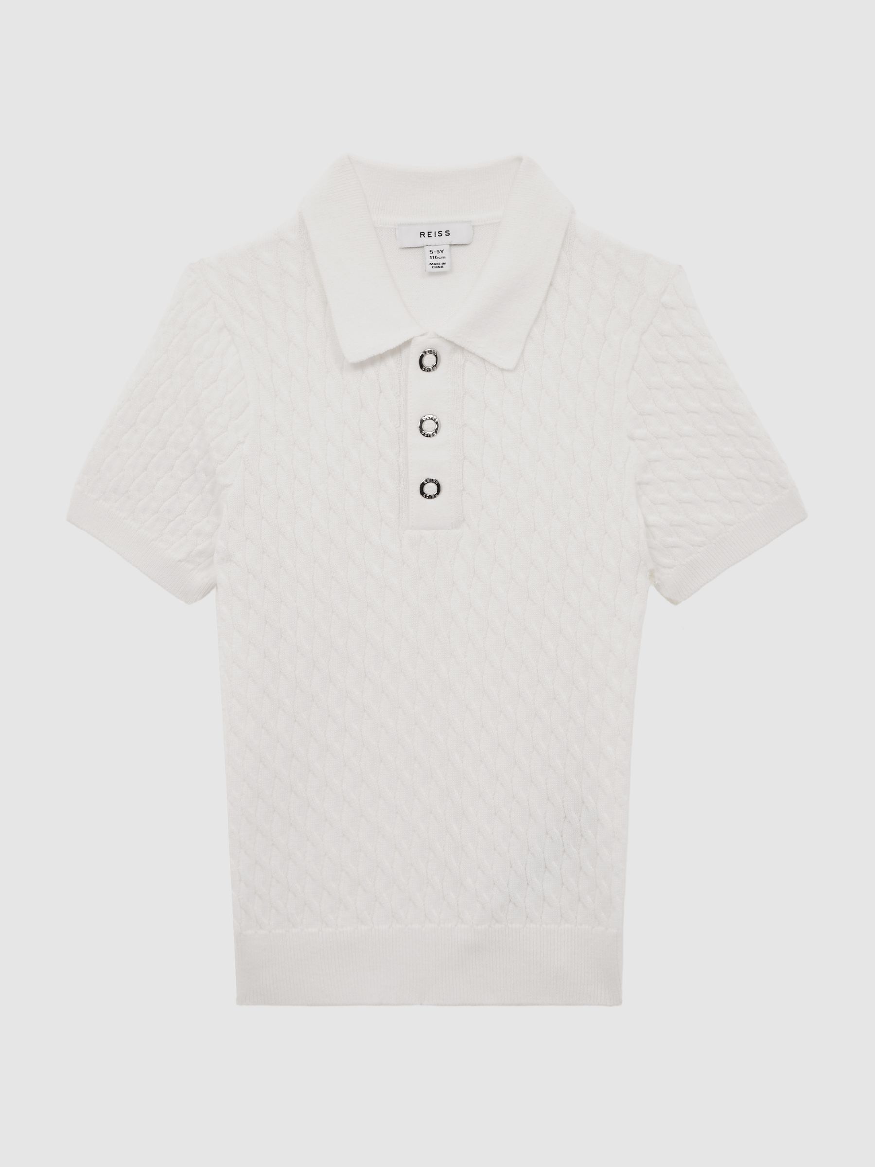 Junior Press Stud Cable Knit Polo Shirt in Ecru - Image 2 of 6