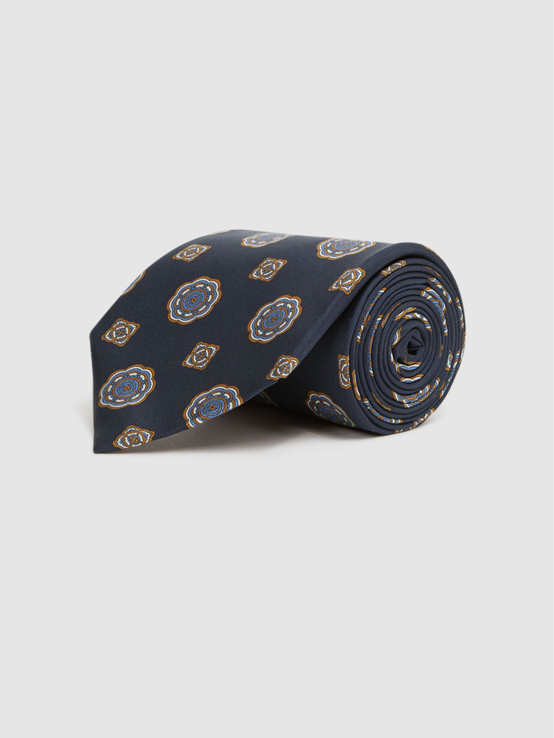Medallion Printed Silk Tie in Navy - Image 3 of 5