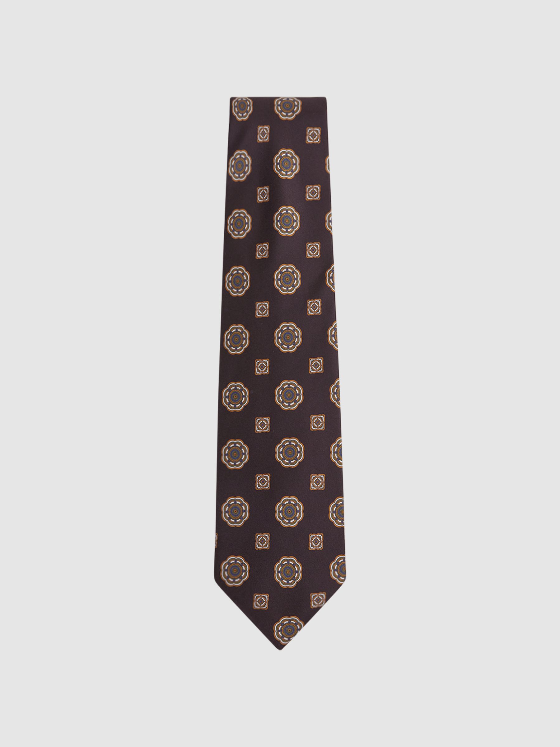 Medallion Printed Silk Tie in Chocolate - Image 1 of 5
