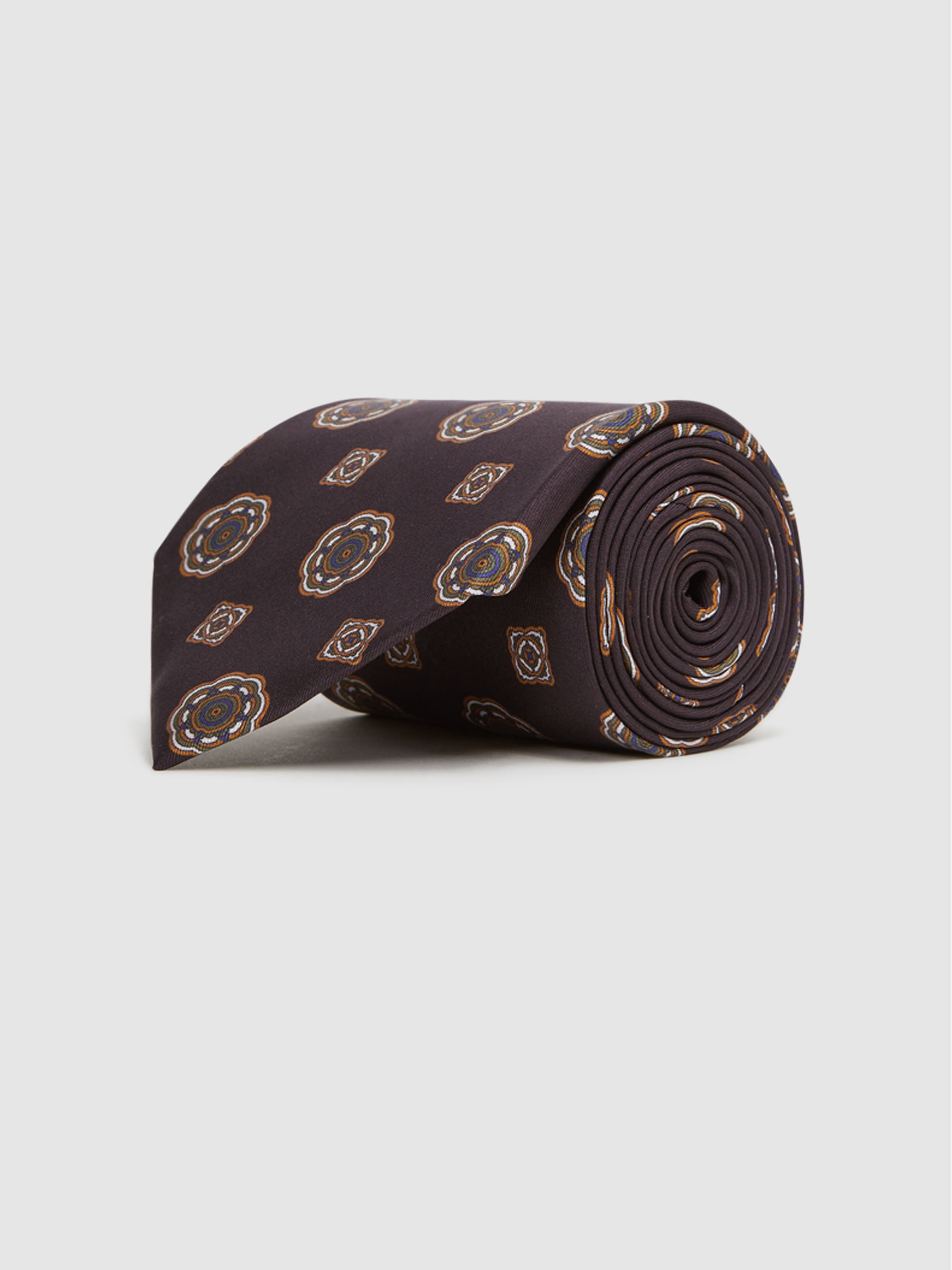 Medallion Printed Silk Tie in Chocolate - Image 3 of 5
