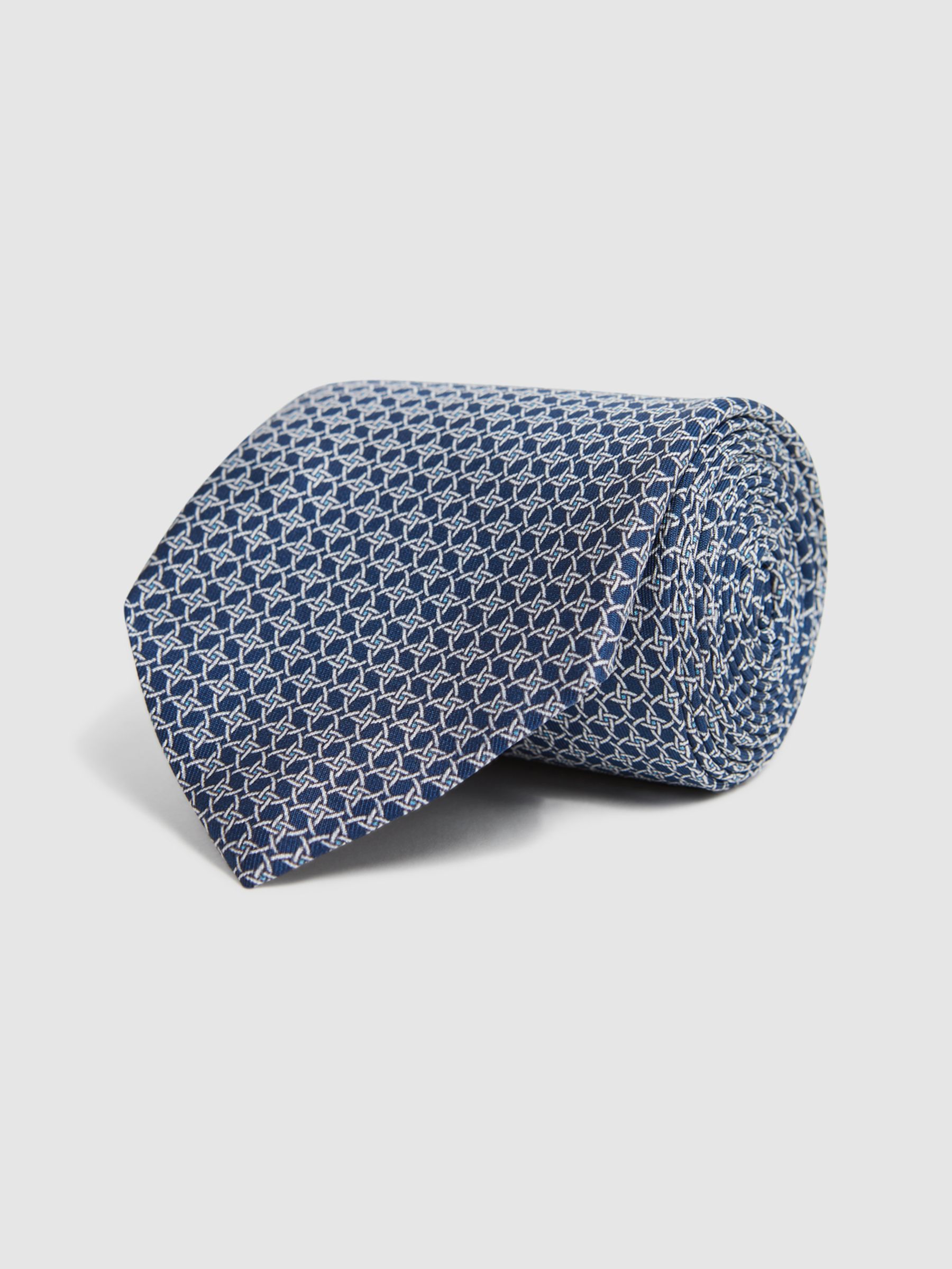 Silk Geometric Printed Tie in Airforce Blue - Image 3 of 5