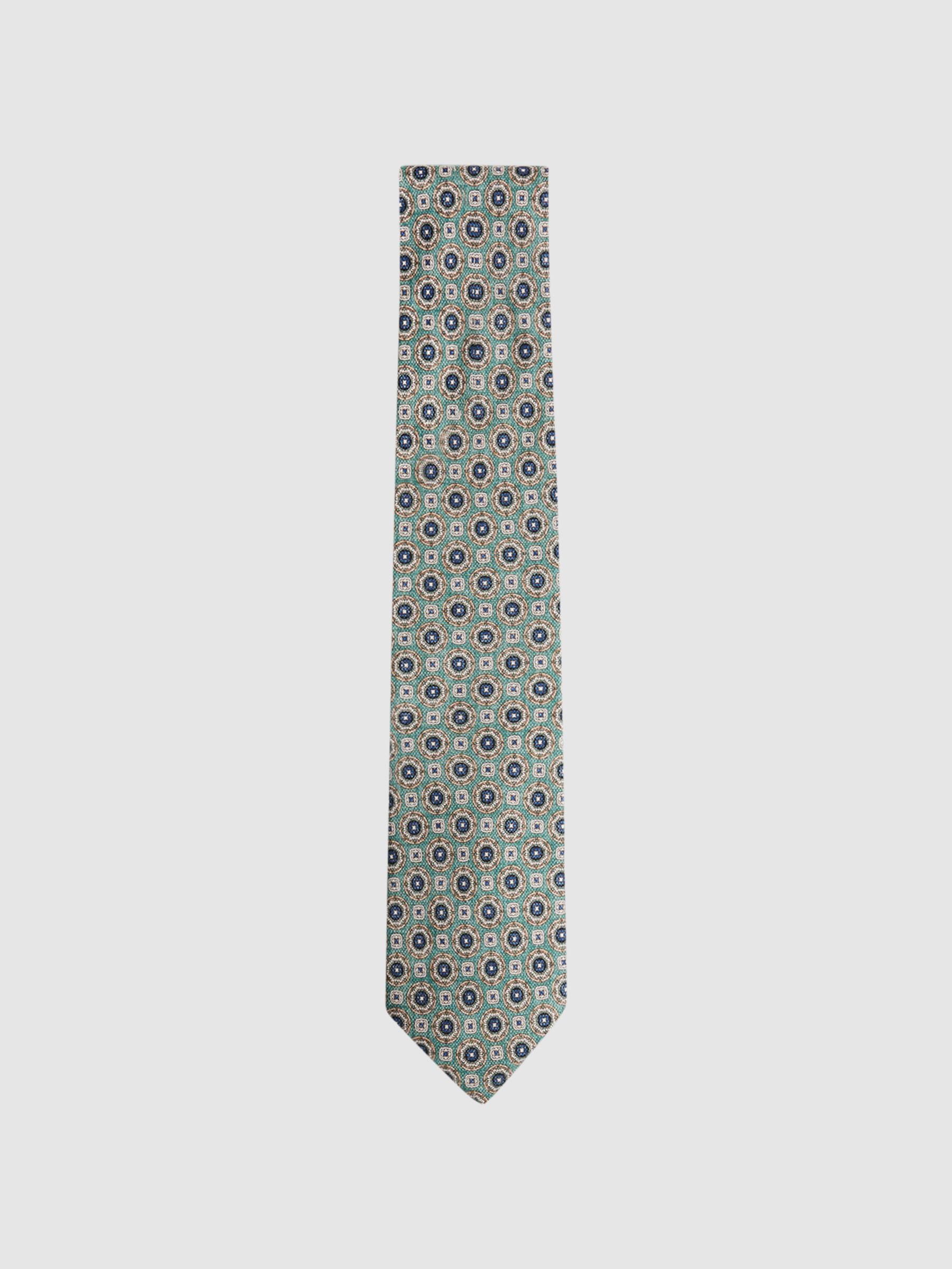 Silk Medallion Print Tie in Sea Green - Image 1 of 5