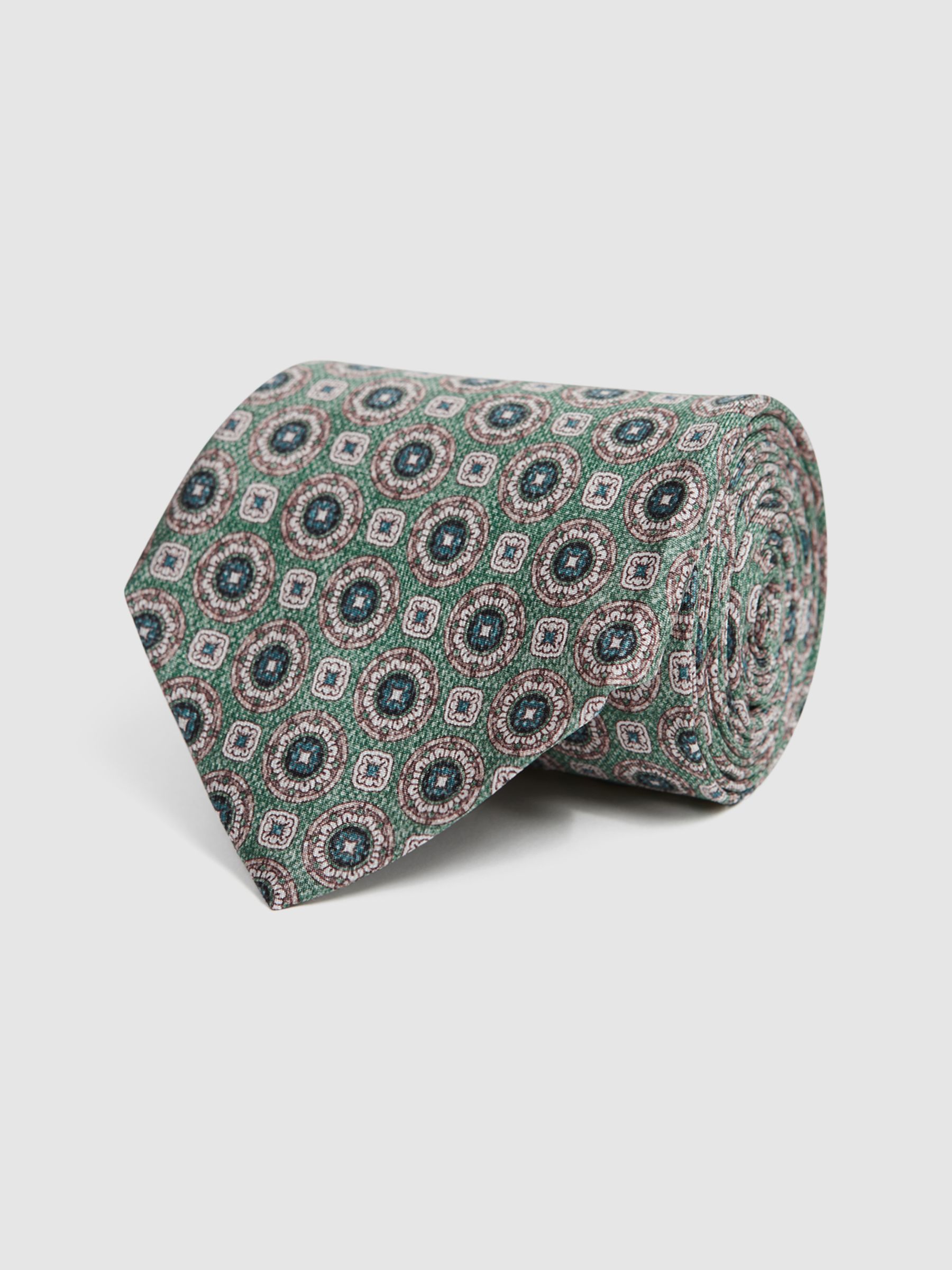 Silk Medallion Print Tie in Sea Green - Image 3 of 5