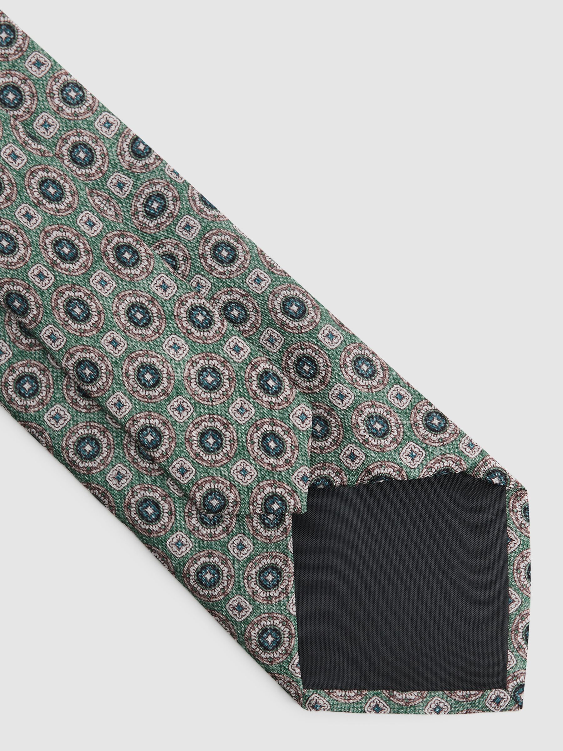 Silk Medallion Print Tie in Sea Green - Image 4 of 5