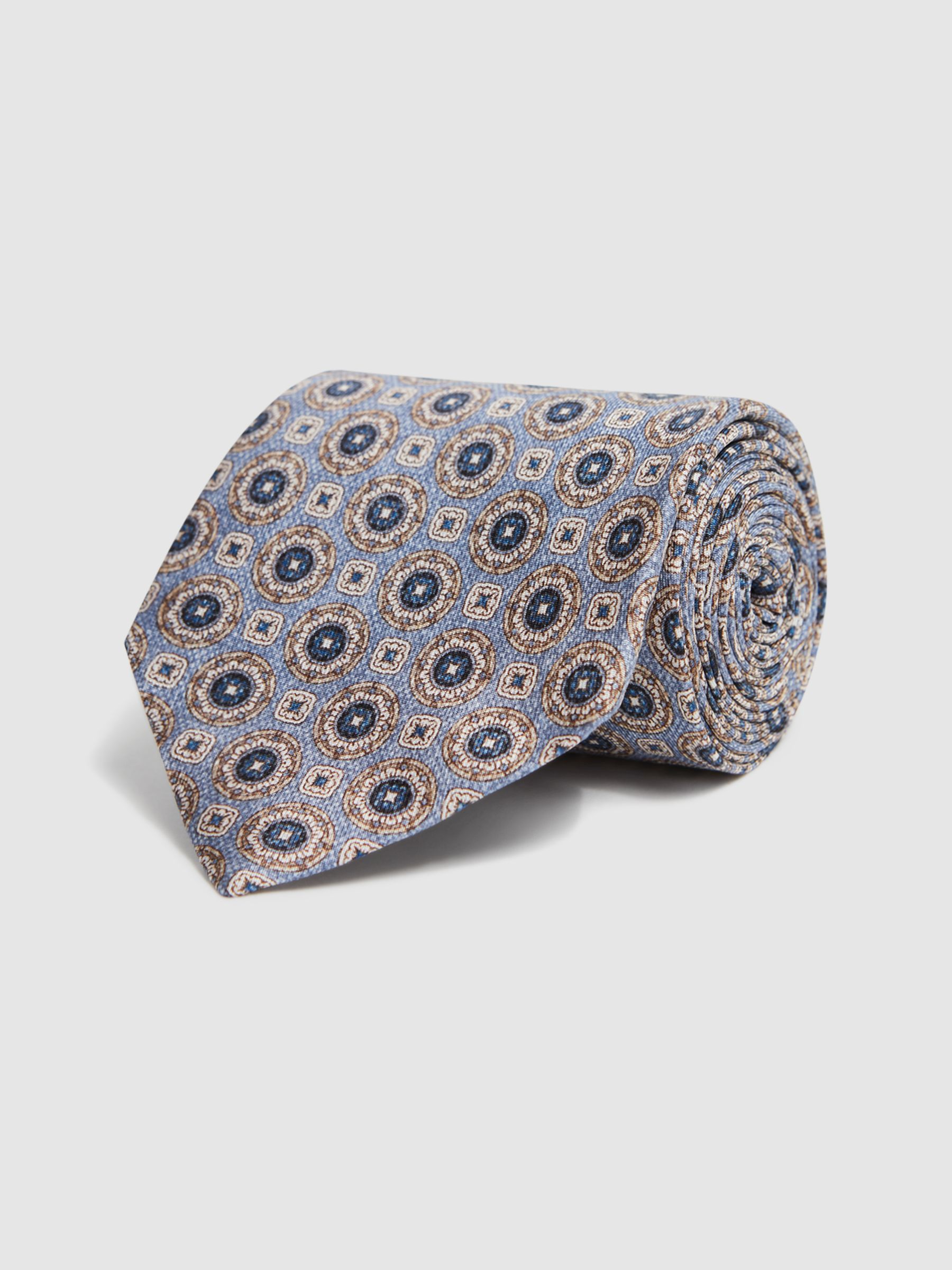 Silk Medallion Print Tie in Airforce Blue - Image 3 of 5