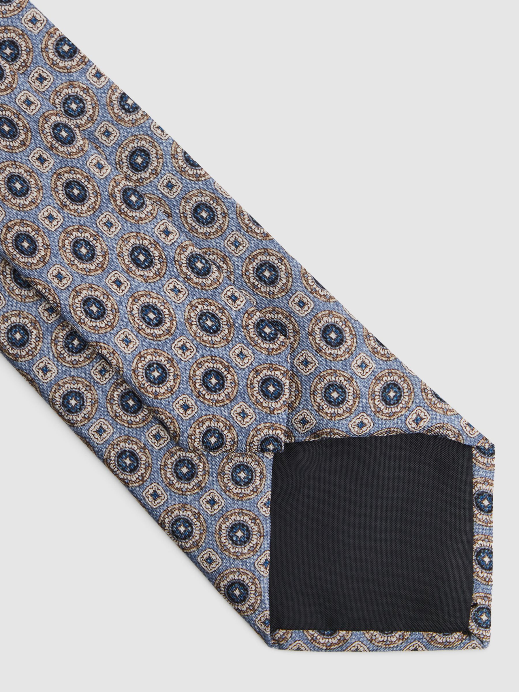 Silk Medallion Print Tie in Airforce Blue - Image 4 of 5