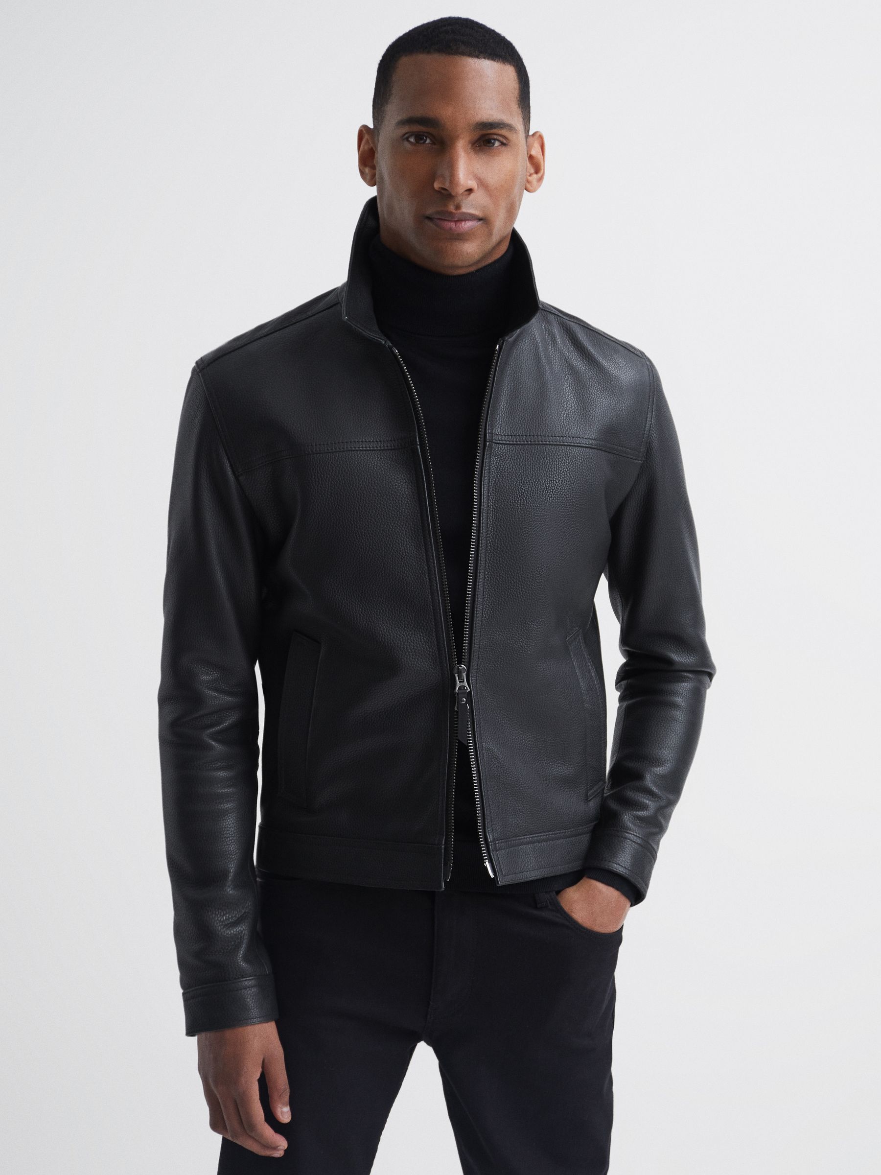 Zip Through Leather Jacket in Black - Image 6 of 7