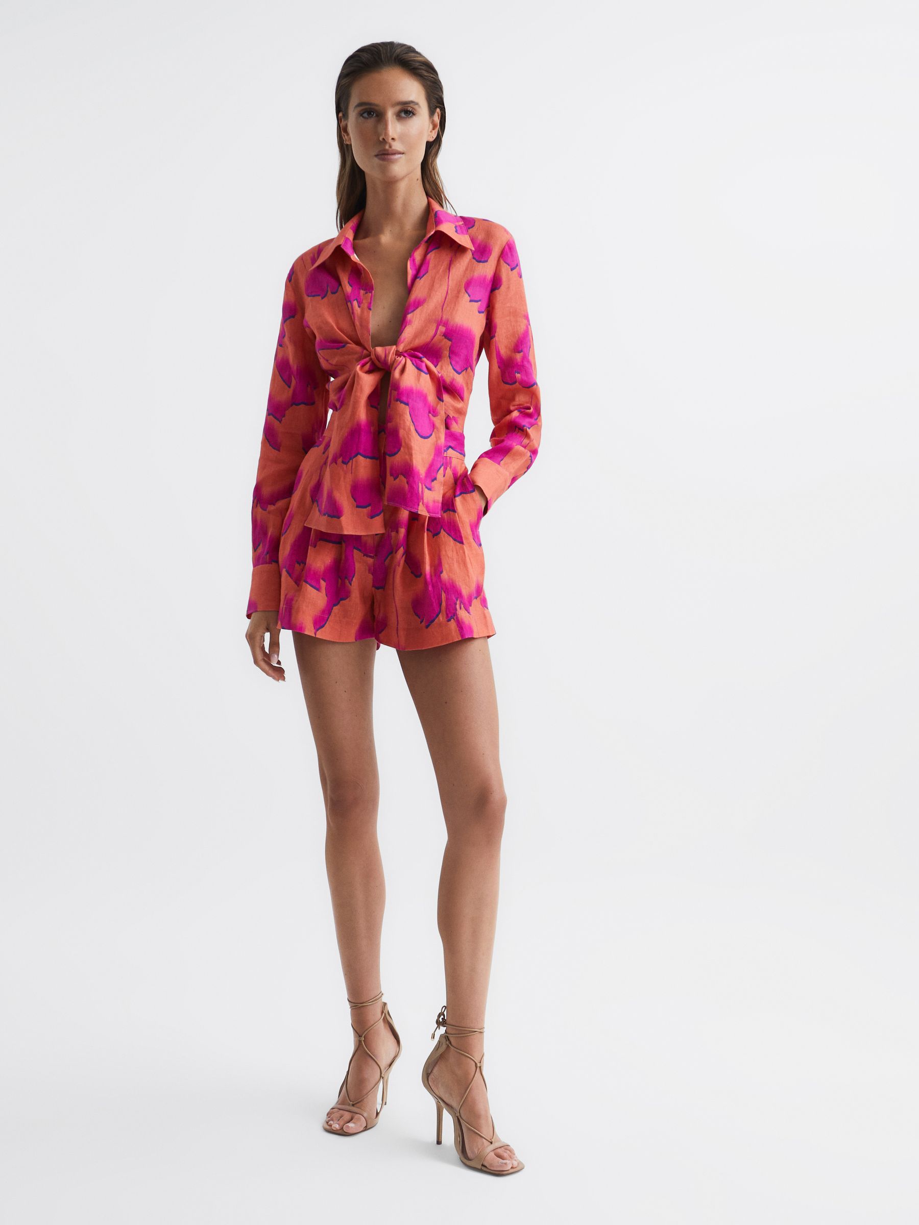 Linen Printed Shorts in Orange - Image 3 of 5