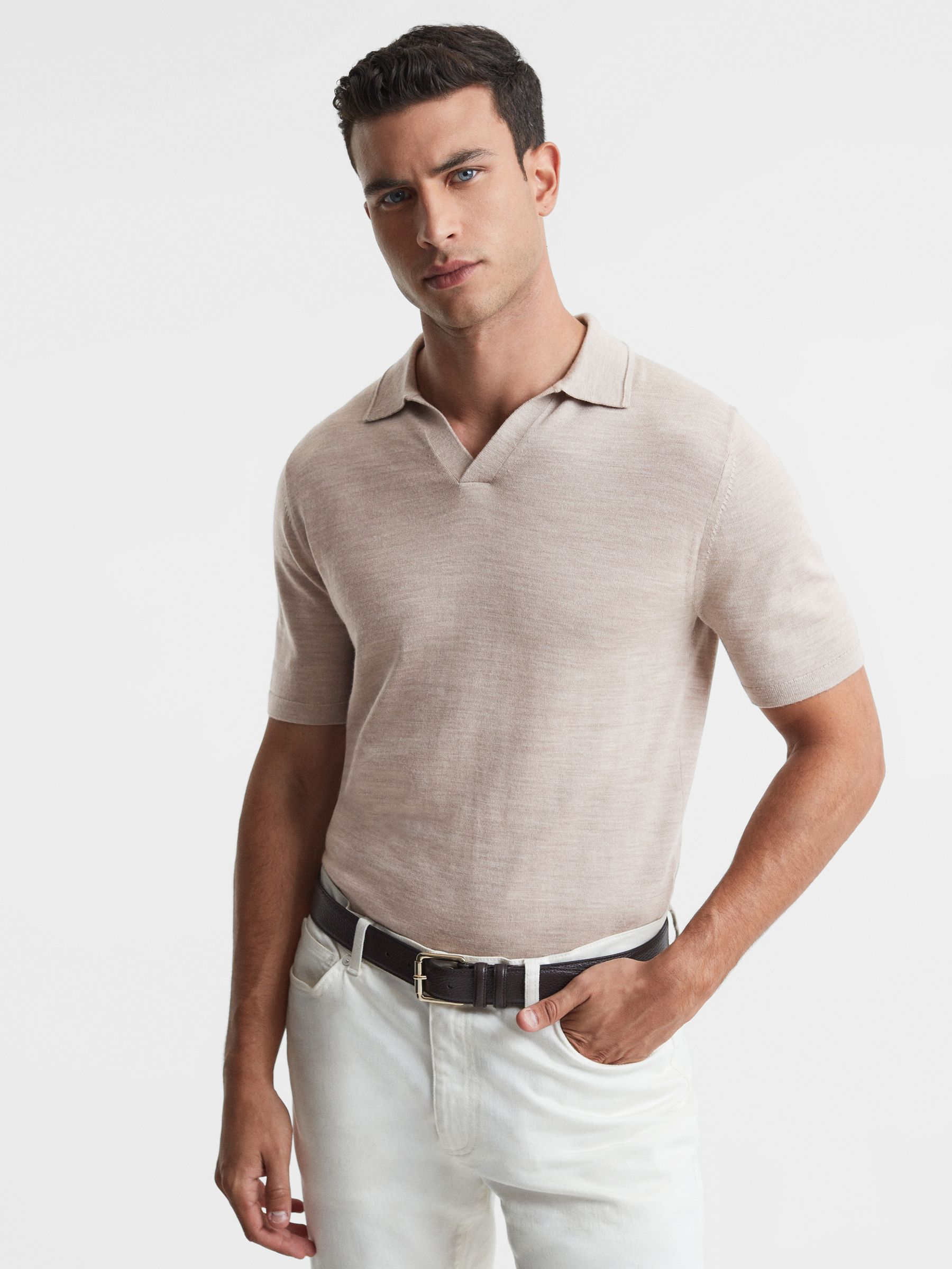 Merino Wool Open Collar Polo Shirt in Wheat Melange - Image 1 of 6