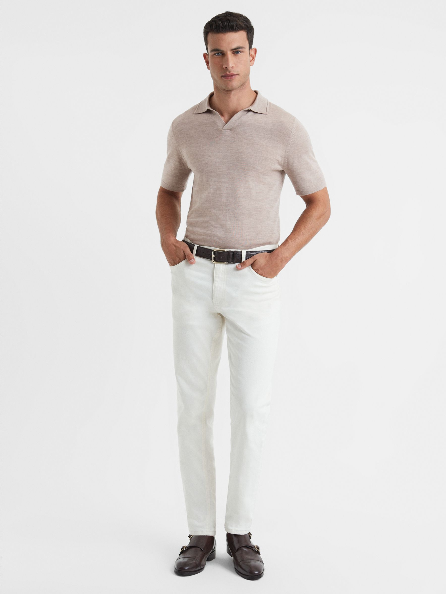 Merino Wool Open Collar Polo Shirt in Wheat Melange - Image 3 of 6