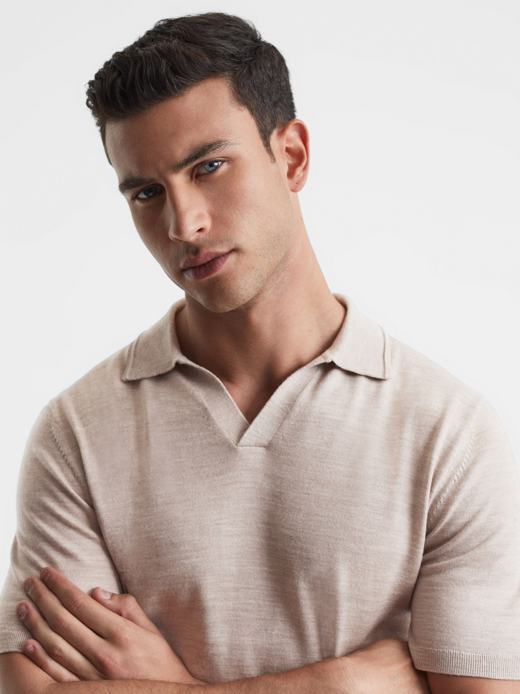 Merino Wool Open Collar Polo Shirt in Wheat Melange - Image 4 of 6