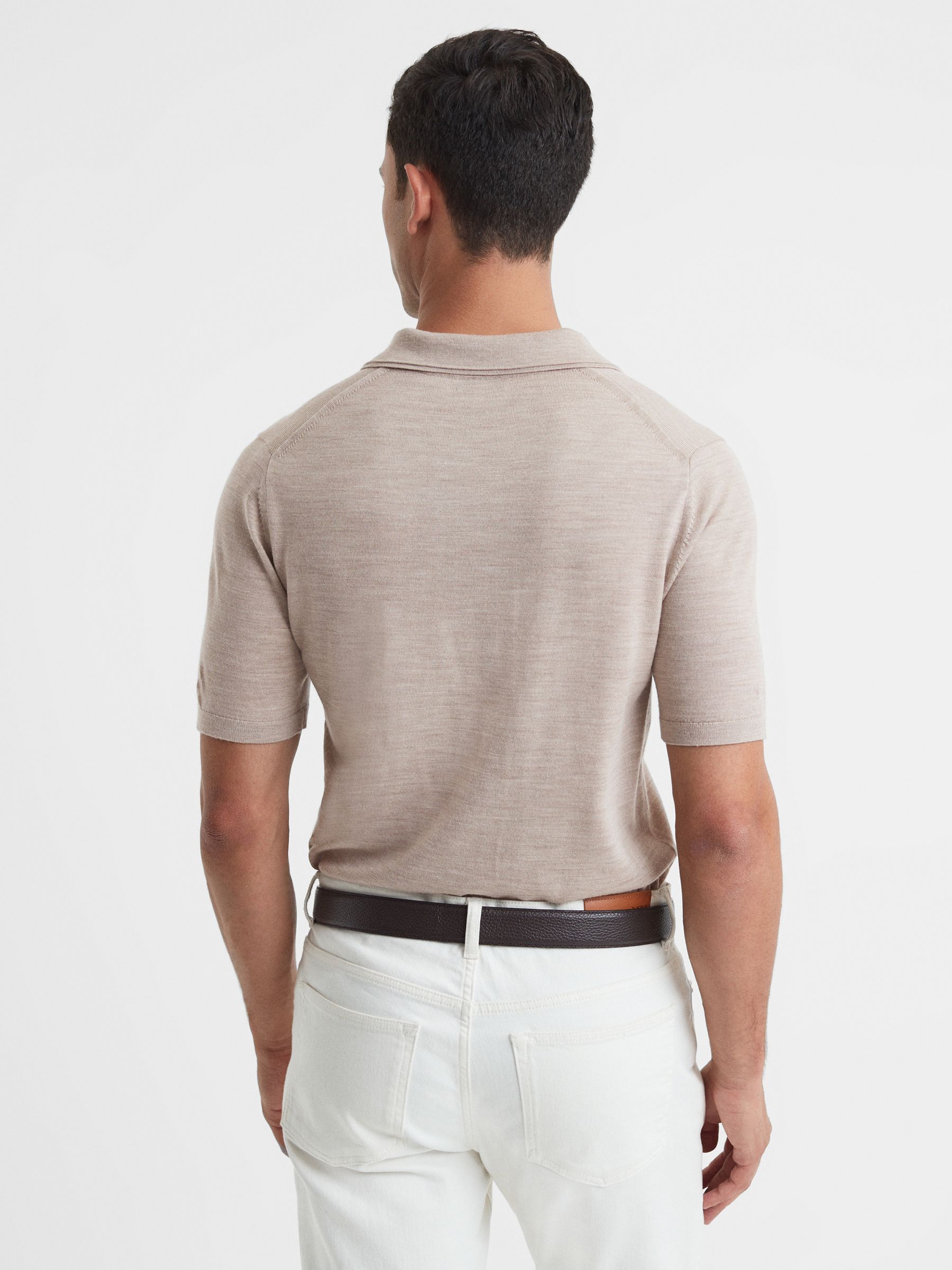 Merino Wool Open Collar Polo Shirt in Wheat Melange - Image 5 of 6