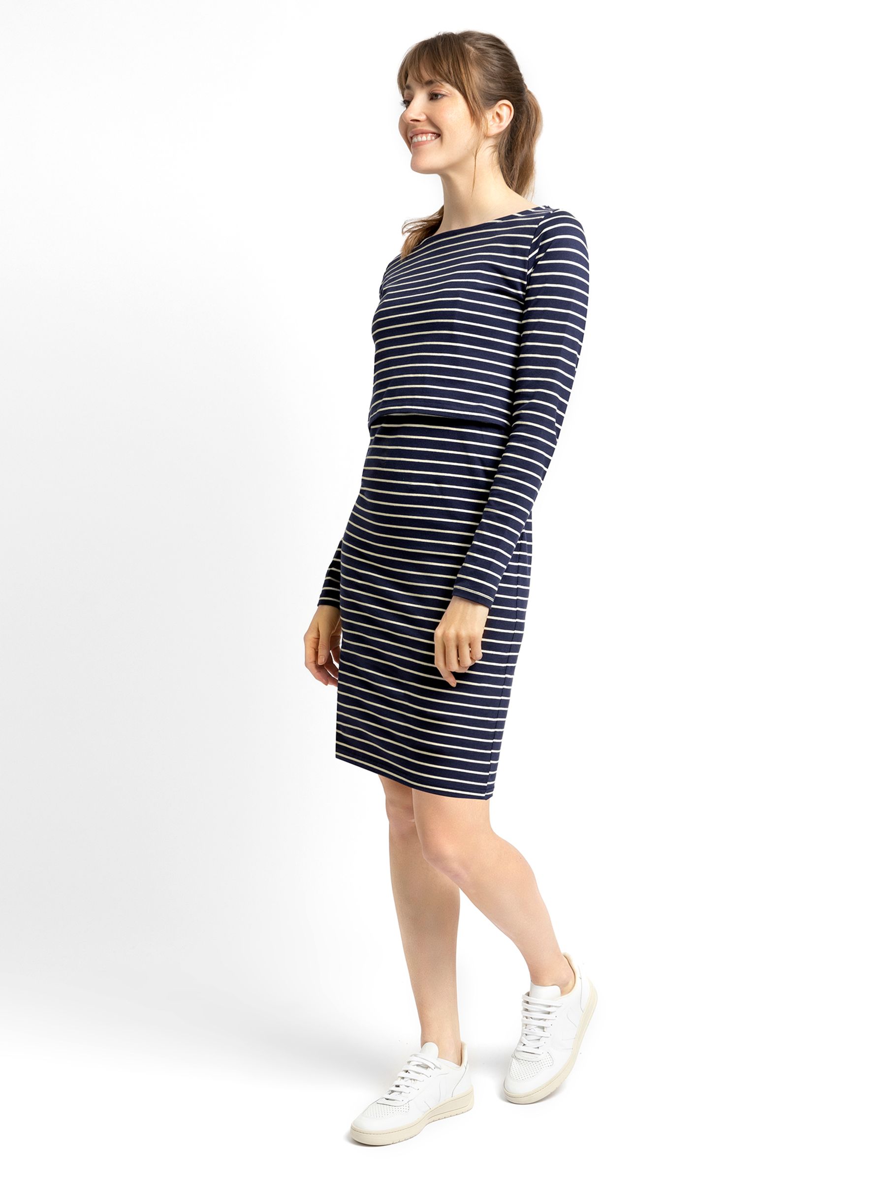 Navy Ecru Stripe Boatneck Maternity & Nursing Dress - Image 3 of 4