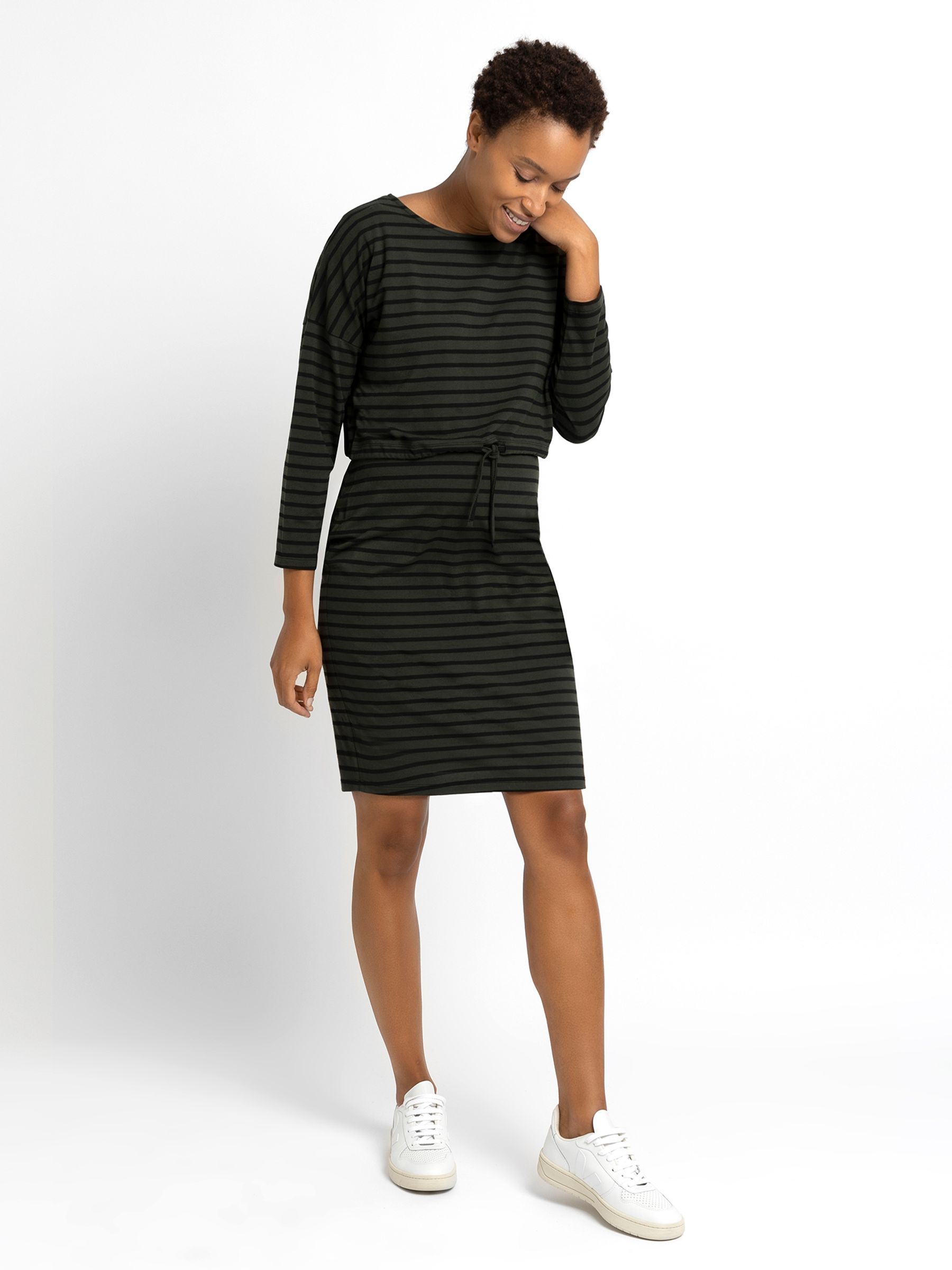 Khaki Stripe Maternity & Nursing Drawstring Dress - Image 2 of 3