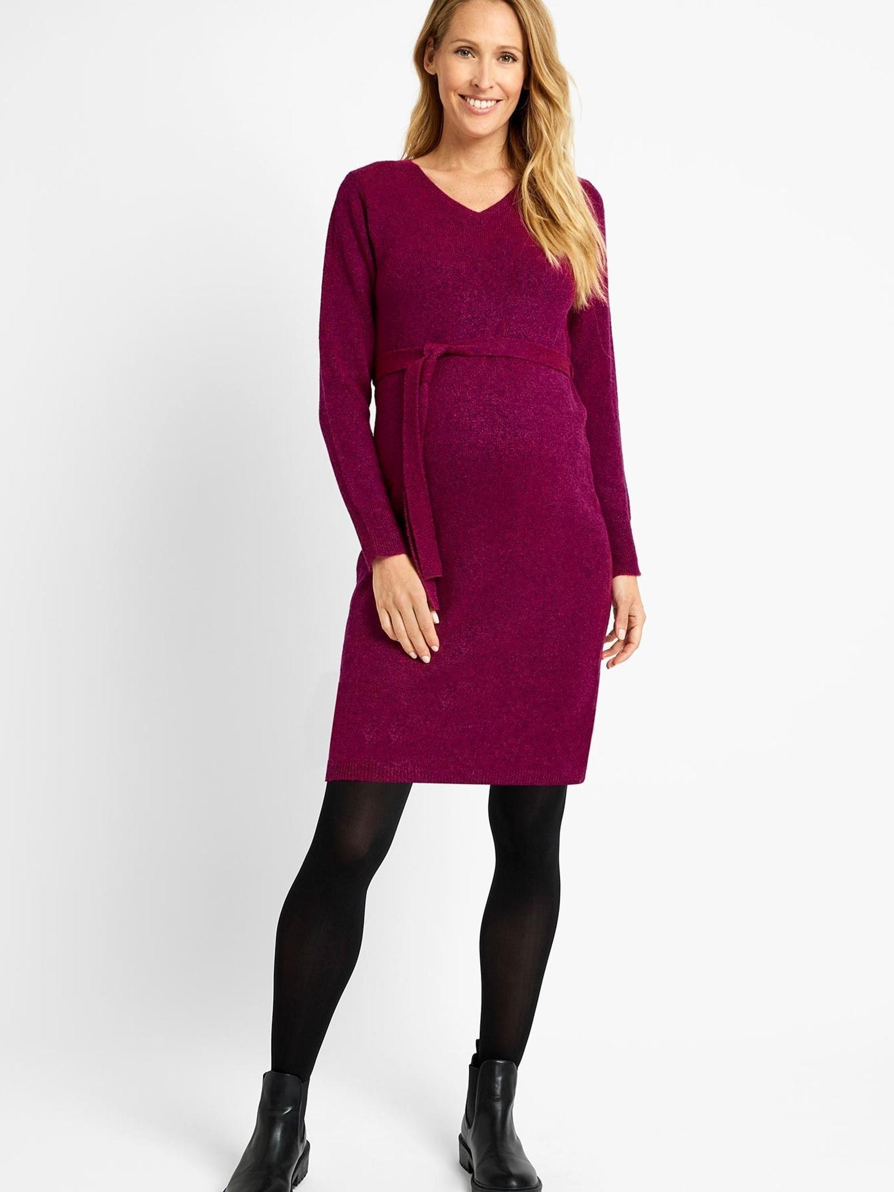 V-Neck Knitted Maternity Dress in Raspberry - Image 1 of 4