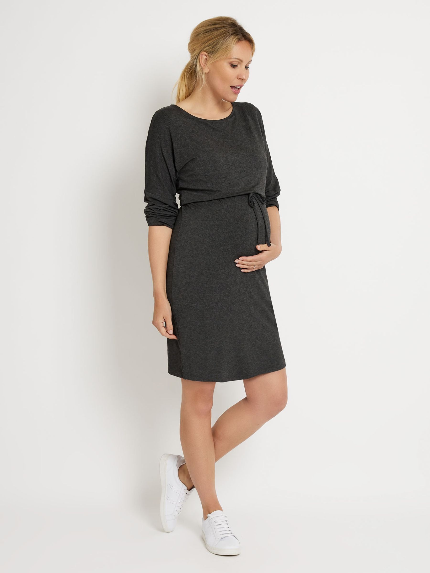 Maternity & Nursing Drawstring Dress in Charcoal - Image 2 of 3