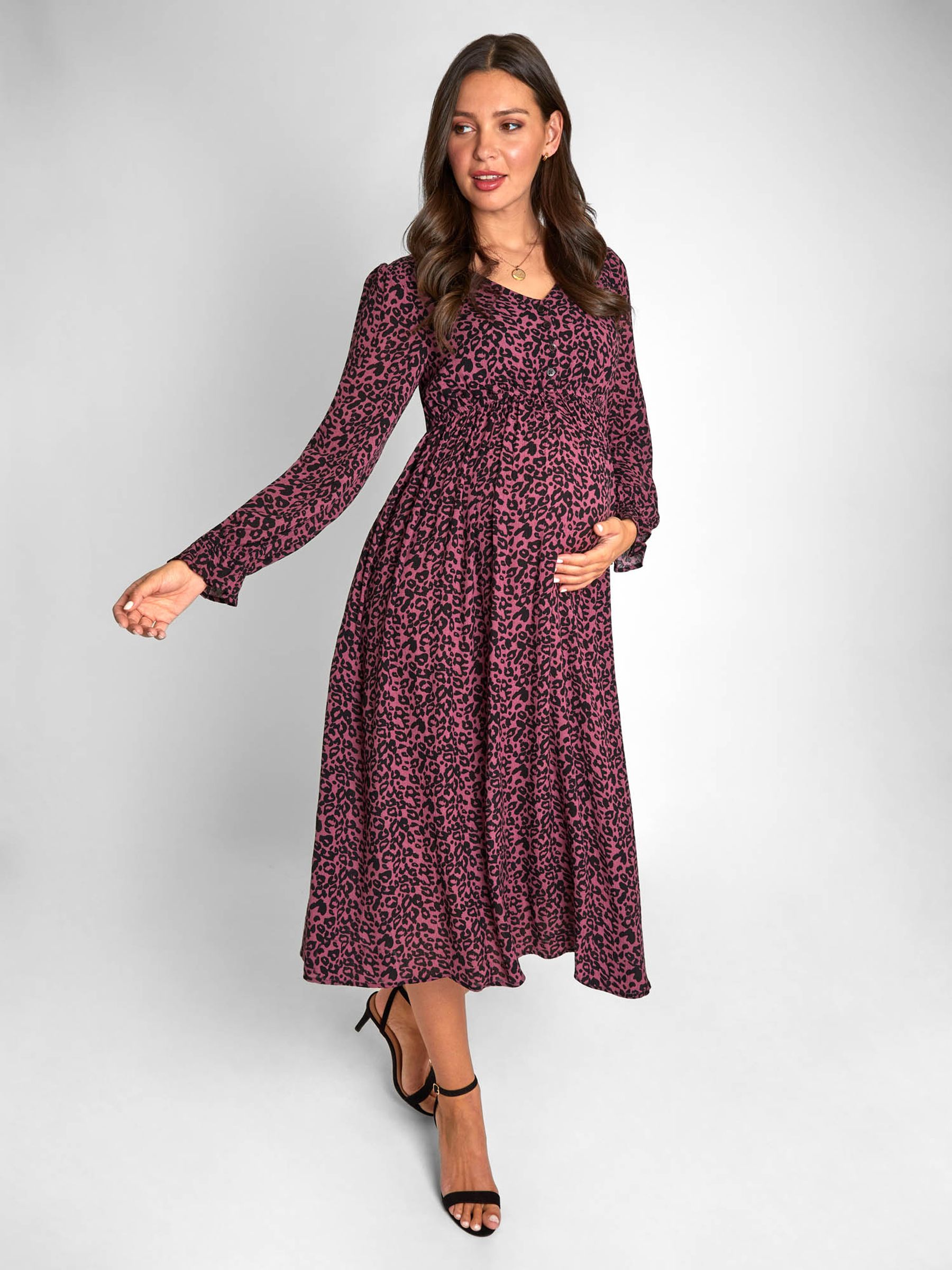 Animal Print Button Front Maternity Midi Dress in Pink - Image 1 of 4