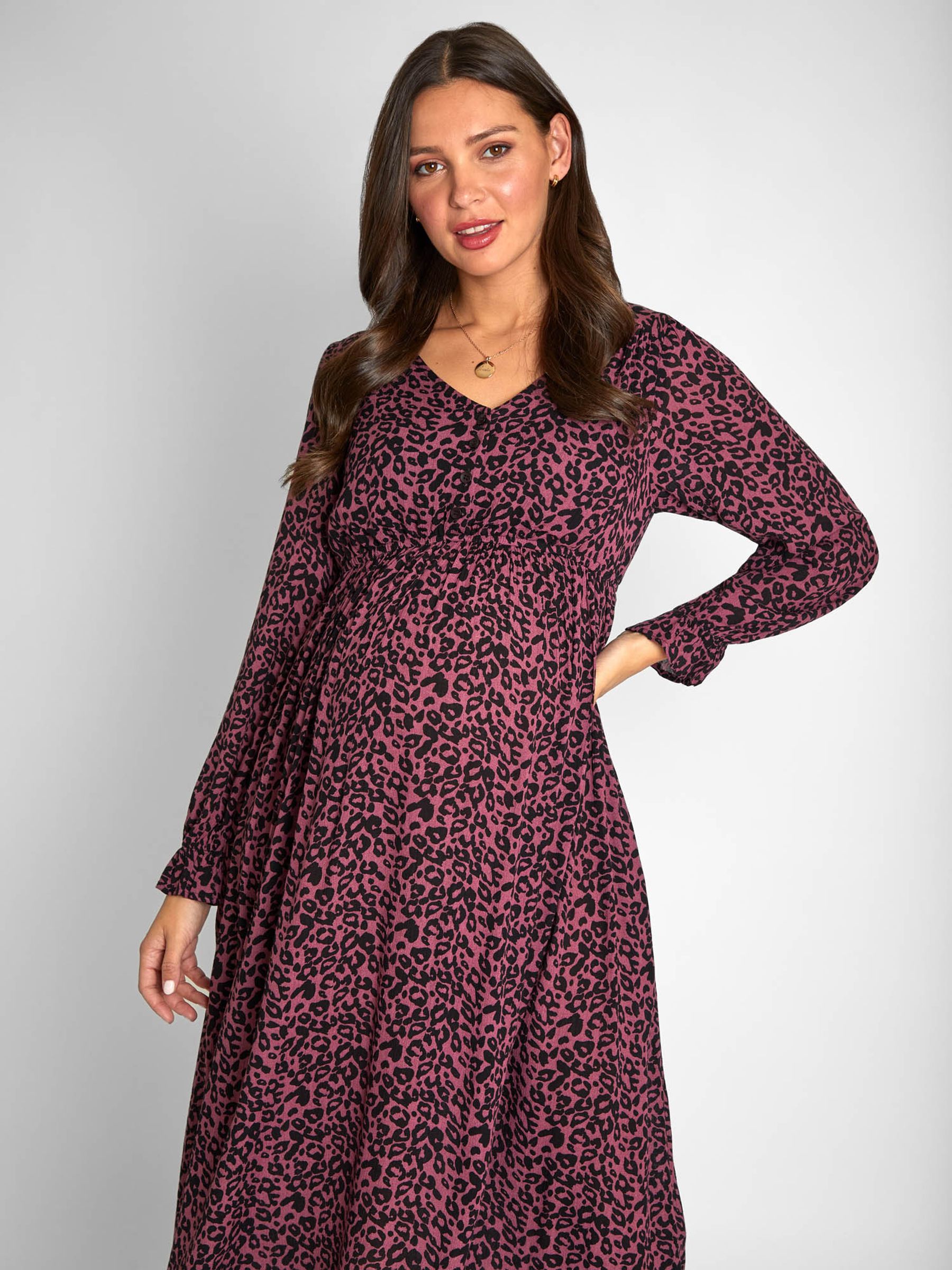 Animal Print Button Front Maternity Midi Dress in Pink - Image 3 of 4