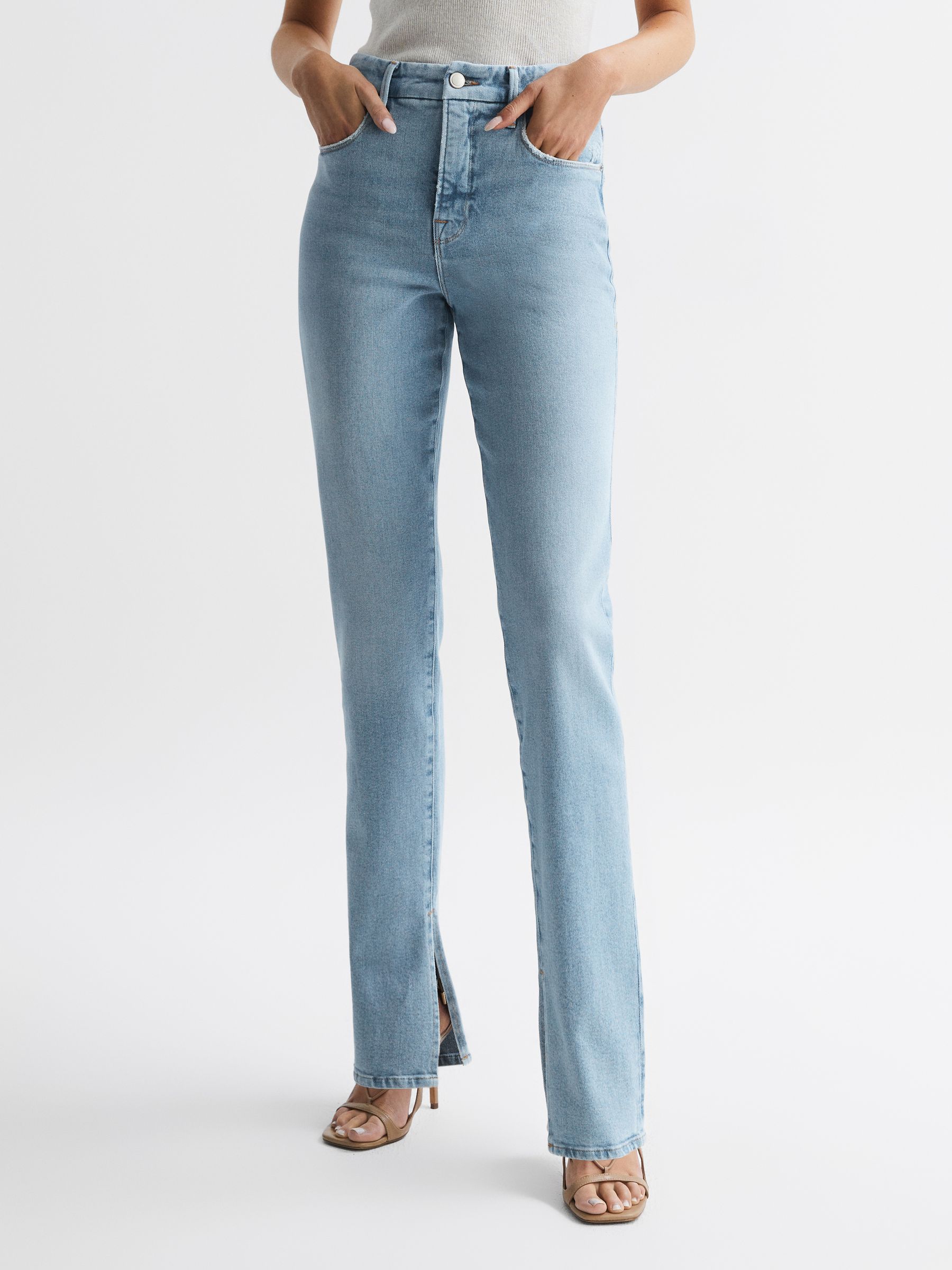 Good American High Rise Inseam Split Jeans in Mid Blue - Image 3 of 7