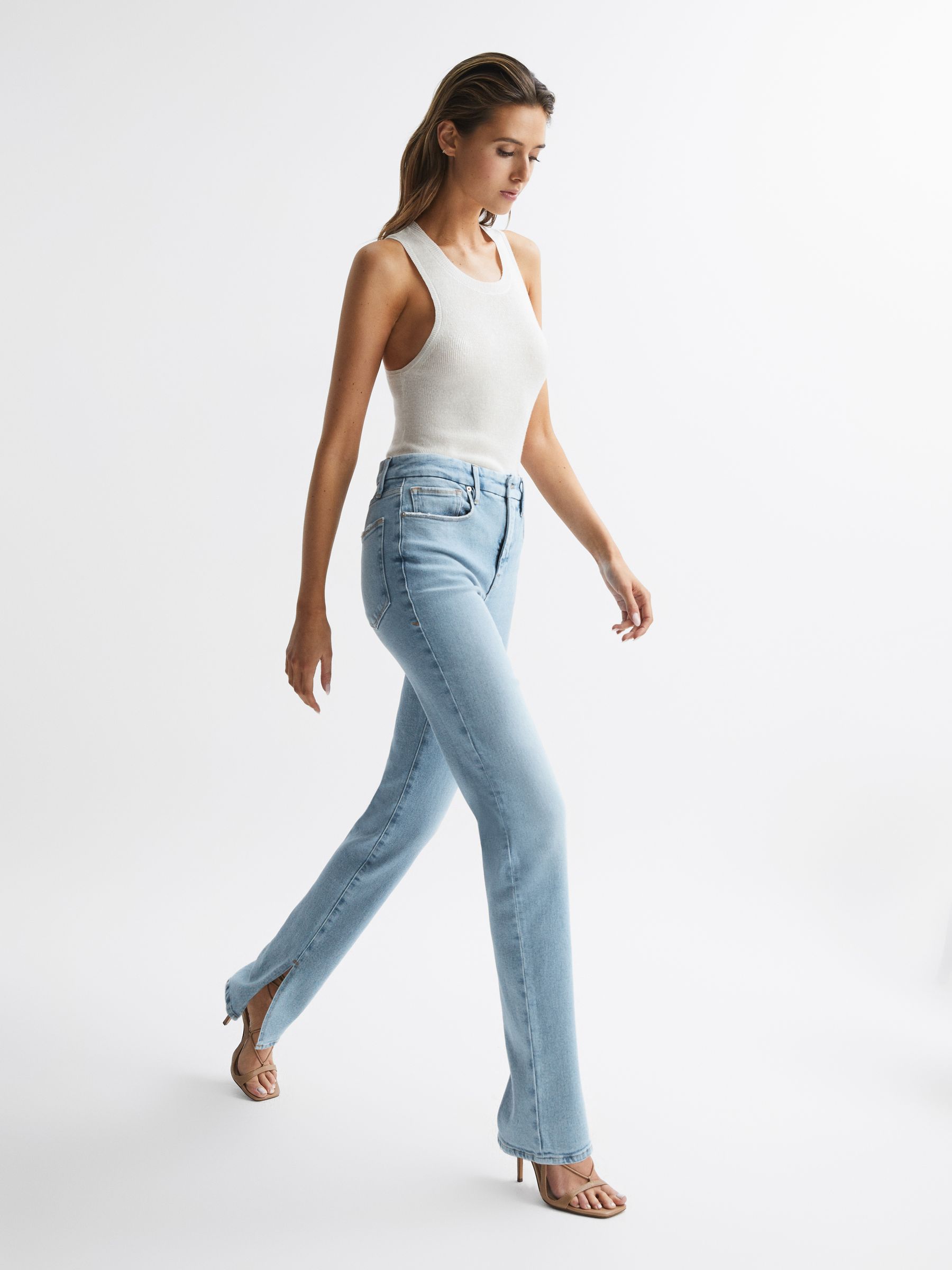 Good American High Rise Inseam Split Jeans in Mid Blue - Image 6 of 7