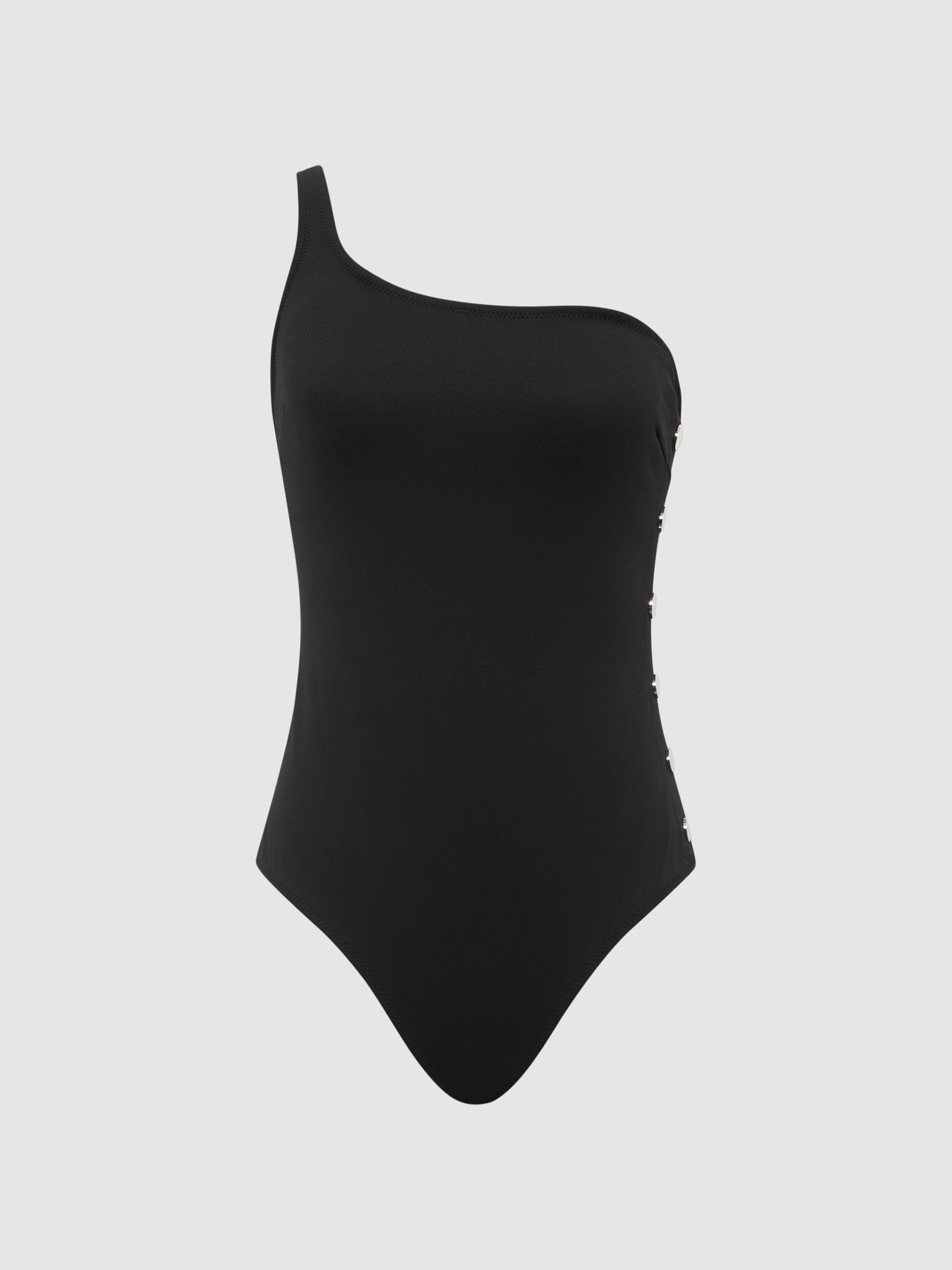One Shoulder Button Detail Swimsuit in Black - Image 2 of 8