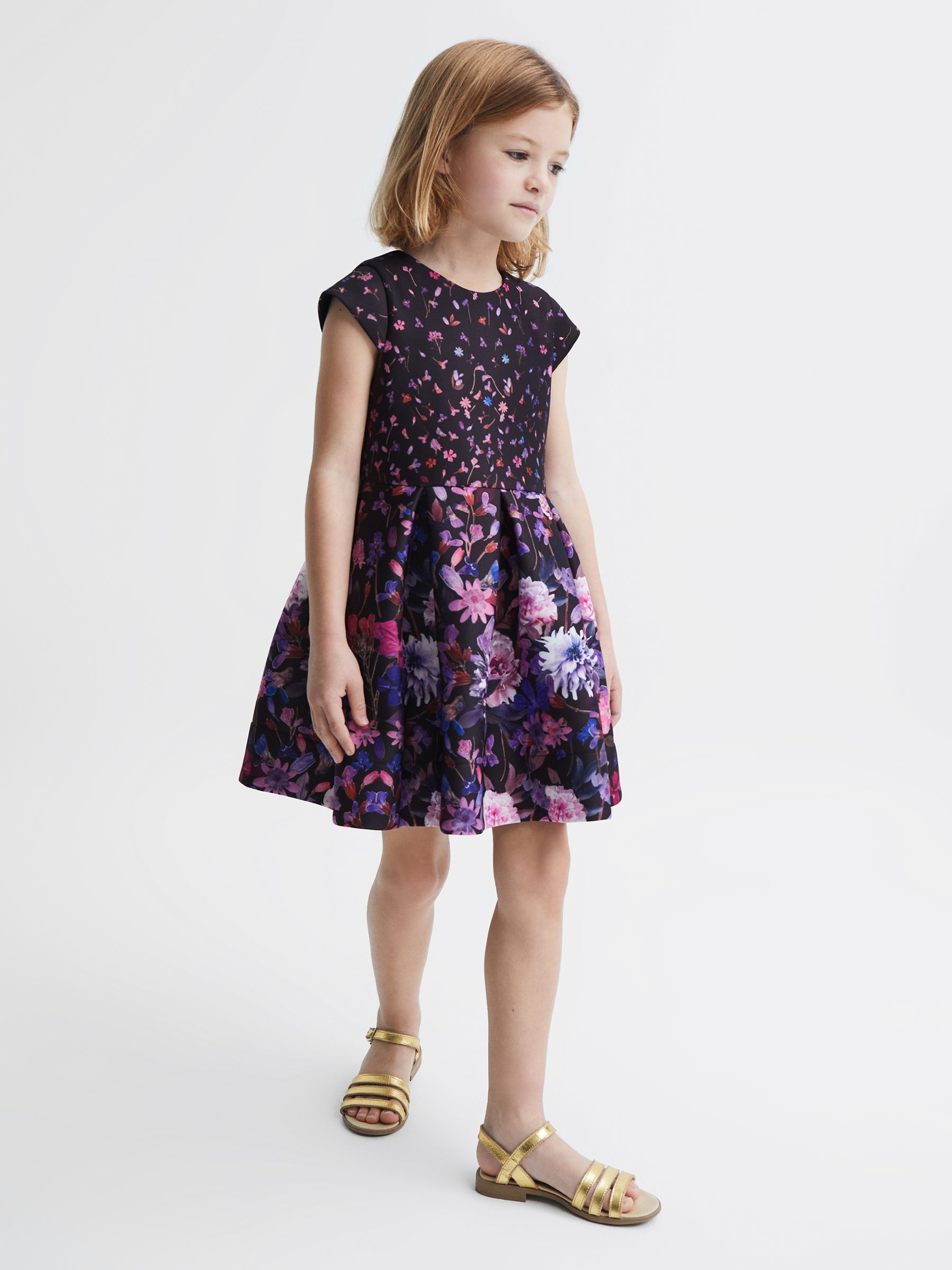 9-12 yrs Scuba Floral Printed Dress in Purple - Image 3 of 5