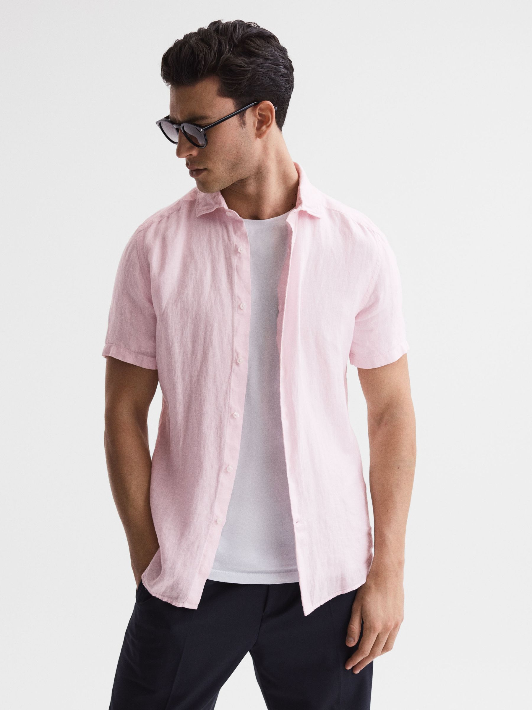 Slim Fit Linen Button-Through Shirt in Soft Pink - Image 1 of 6