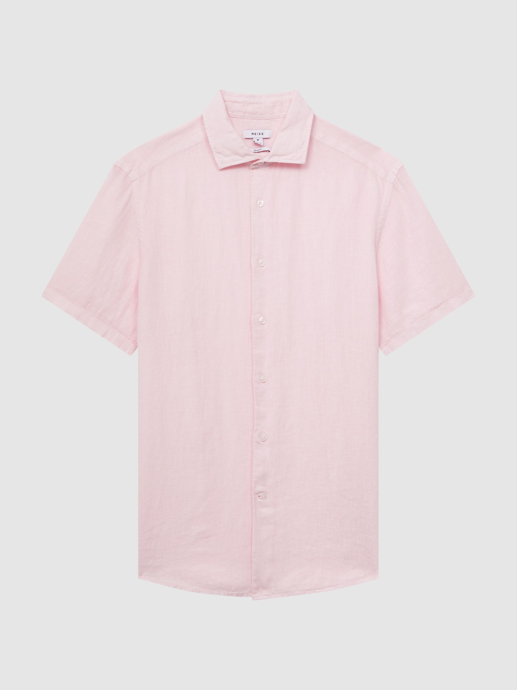 Slim Fit Linen Button-Through Shirt in Soft Pink - Image 2 of 6