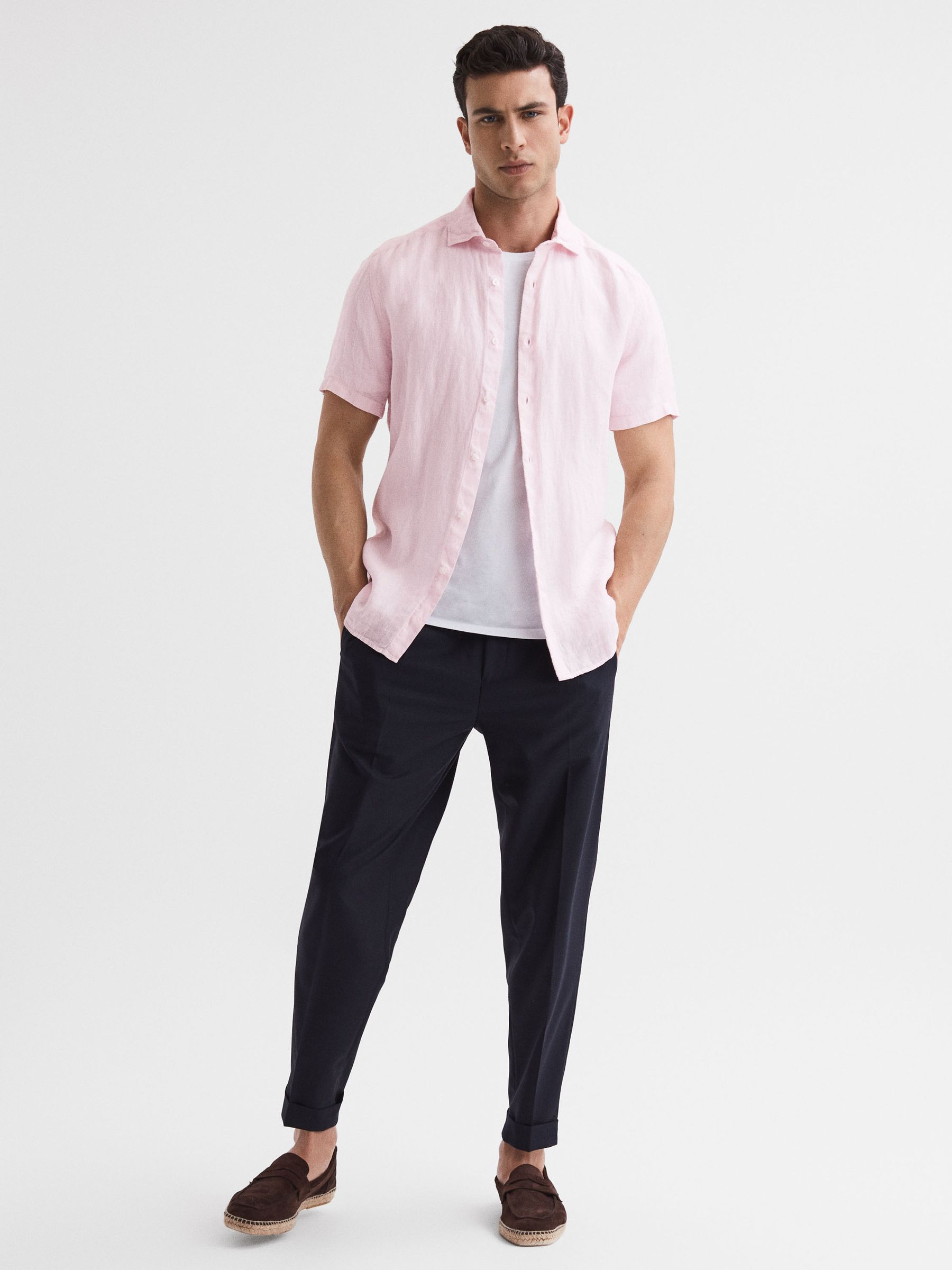 Slim Fit Linen Button-Through Shirt in Soft Pink - Image 3 of 6