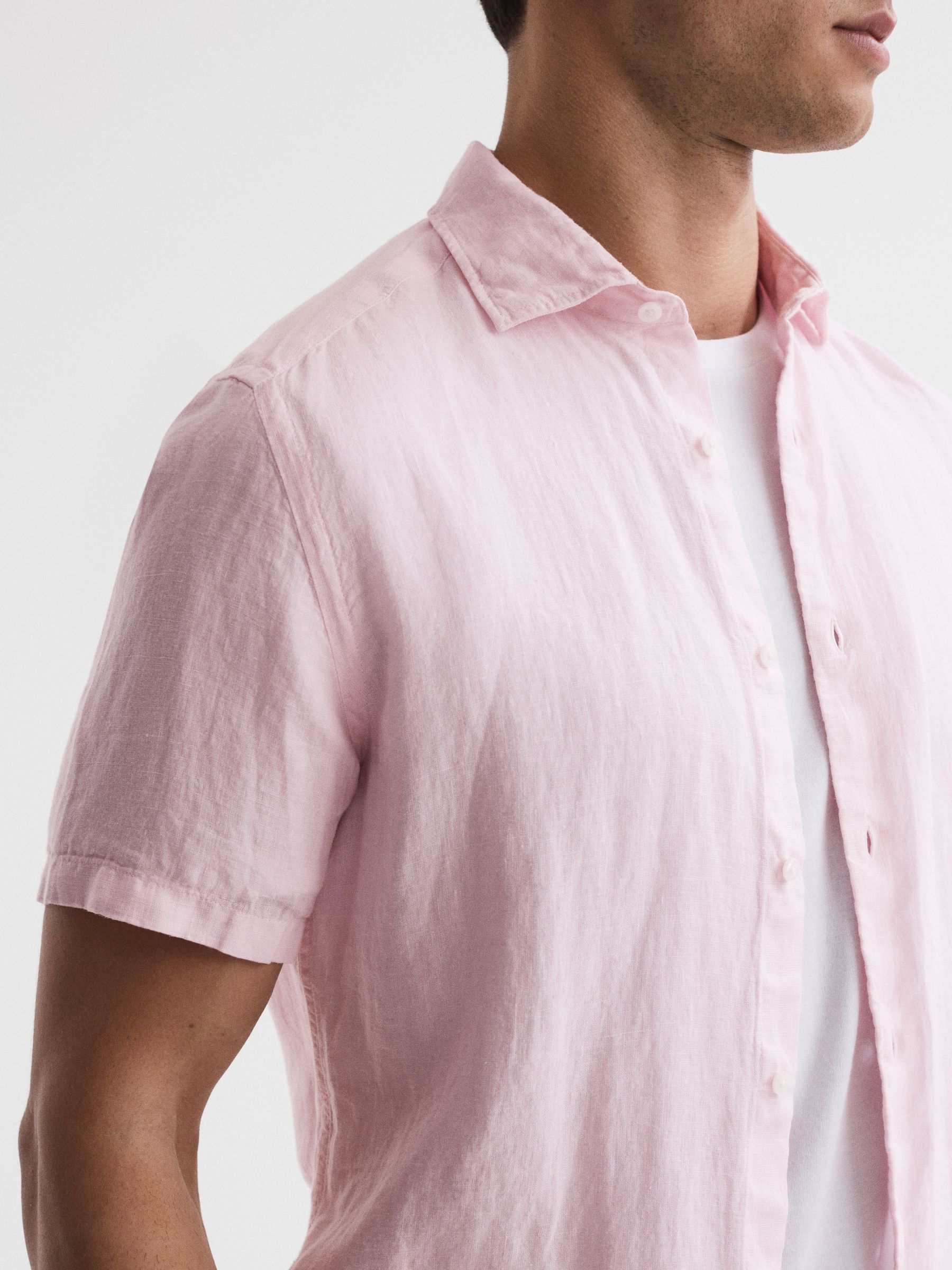 Slim Fit Linen Button-Through Shirt in Soft Pink - Image 4 of 6