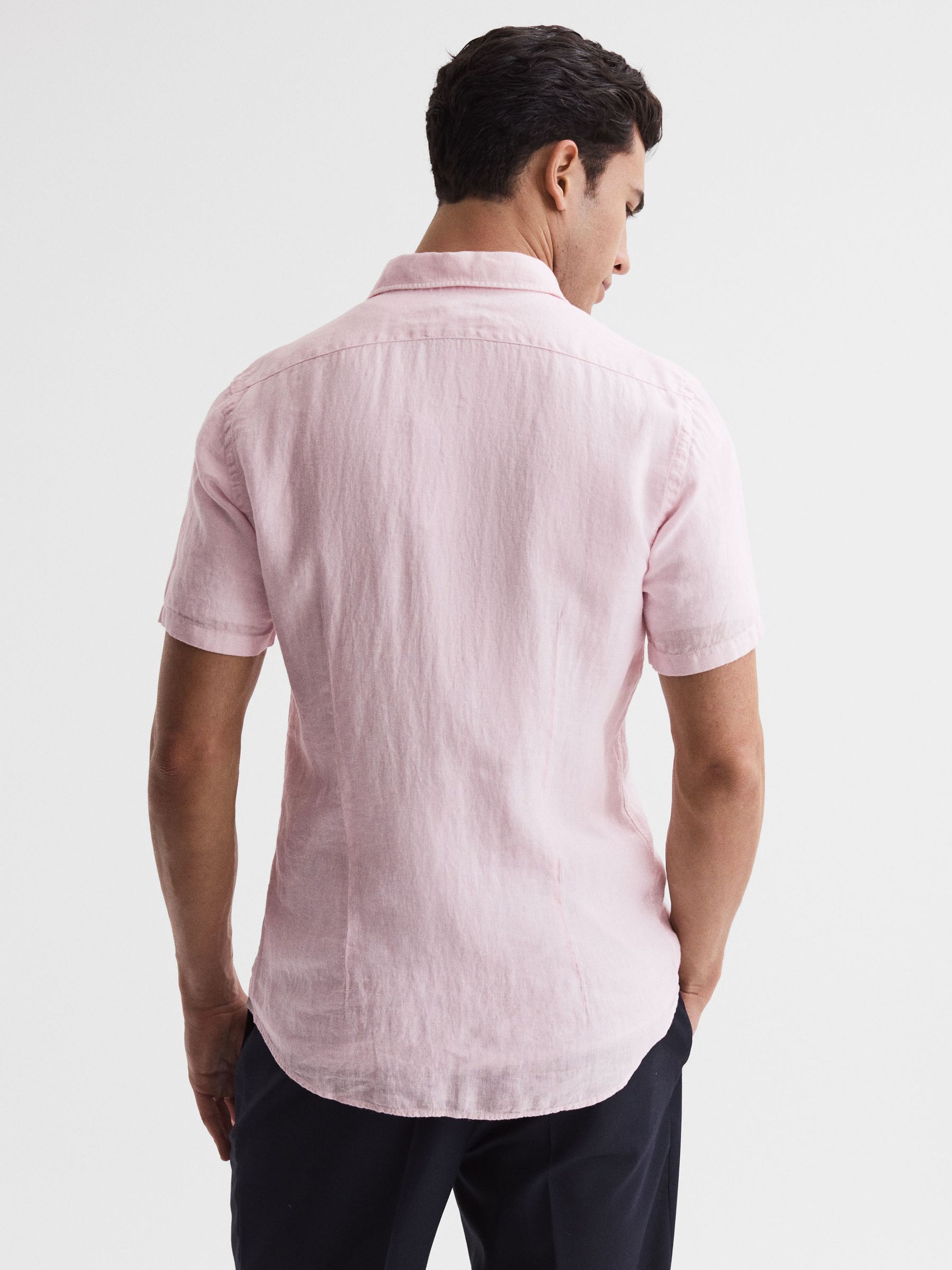 Slim Fit Linen Button-Through Shirt in Soft Pink - Image 5 of 6