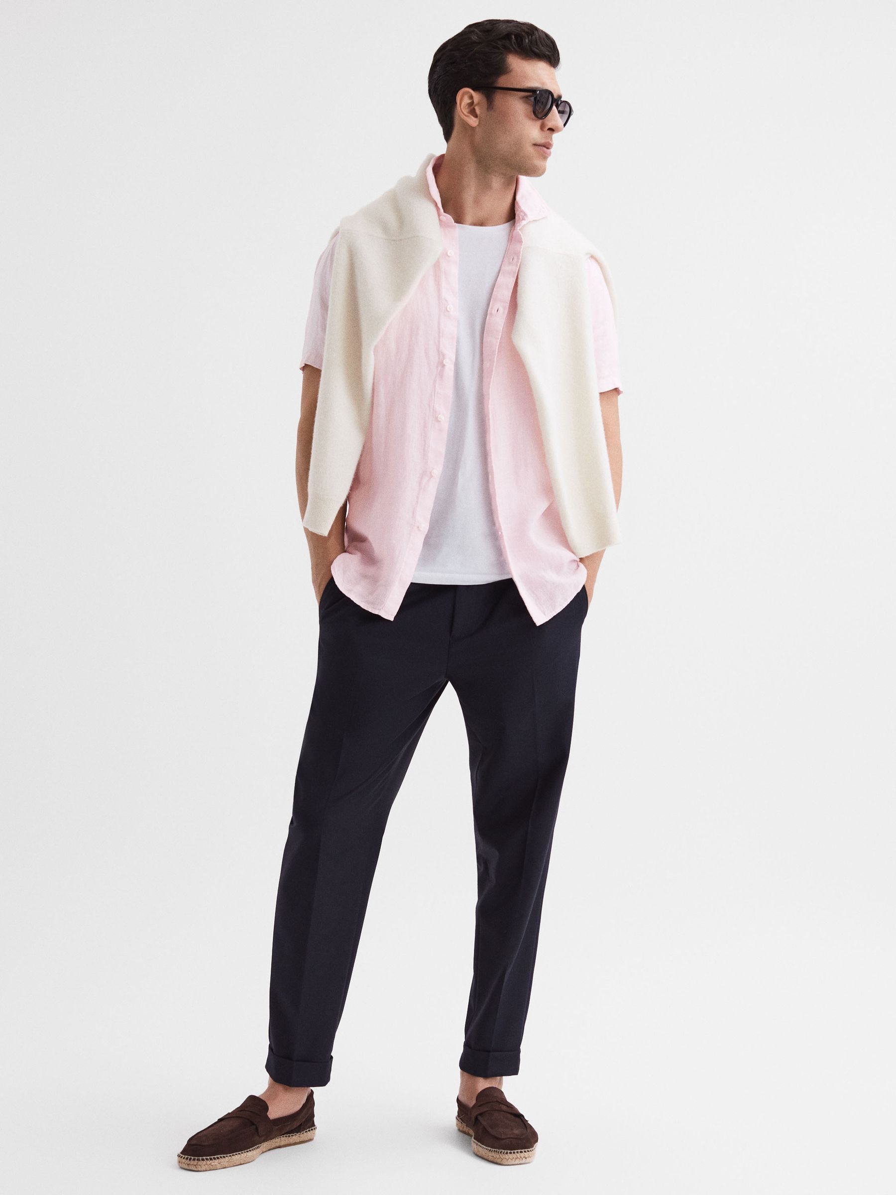 Slim Fit Linen Button-Through Shirt in Soft Pink - Image 6 of 6