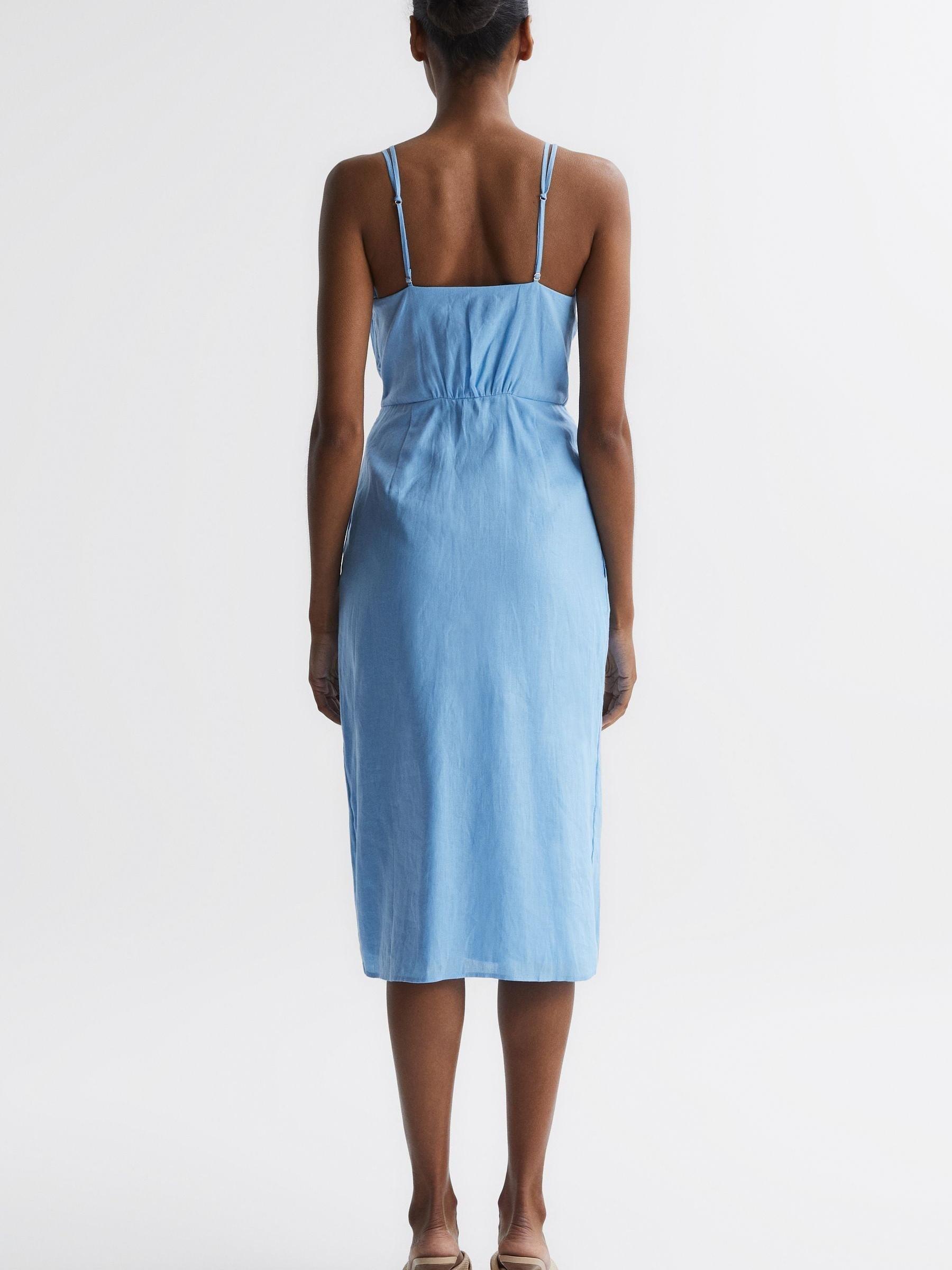 Linen Side Tie Midi Dress in Blue - Image 5 of 7