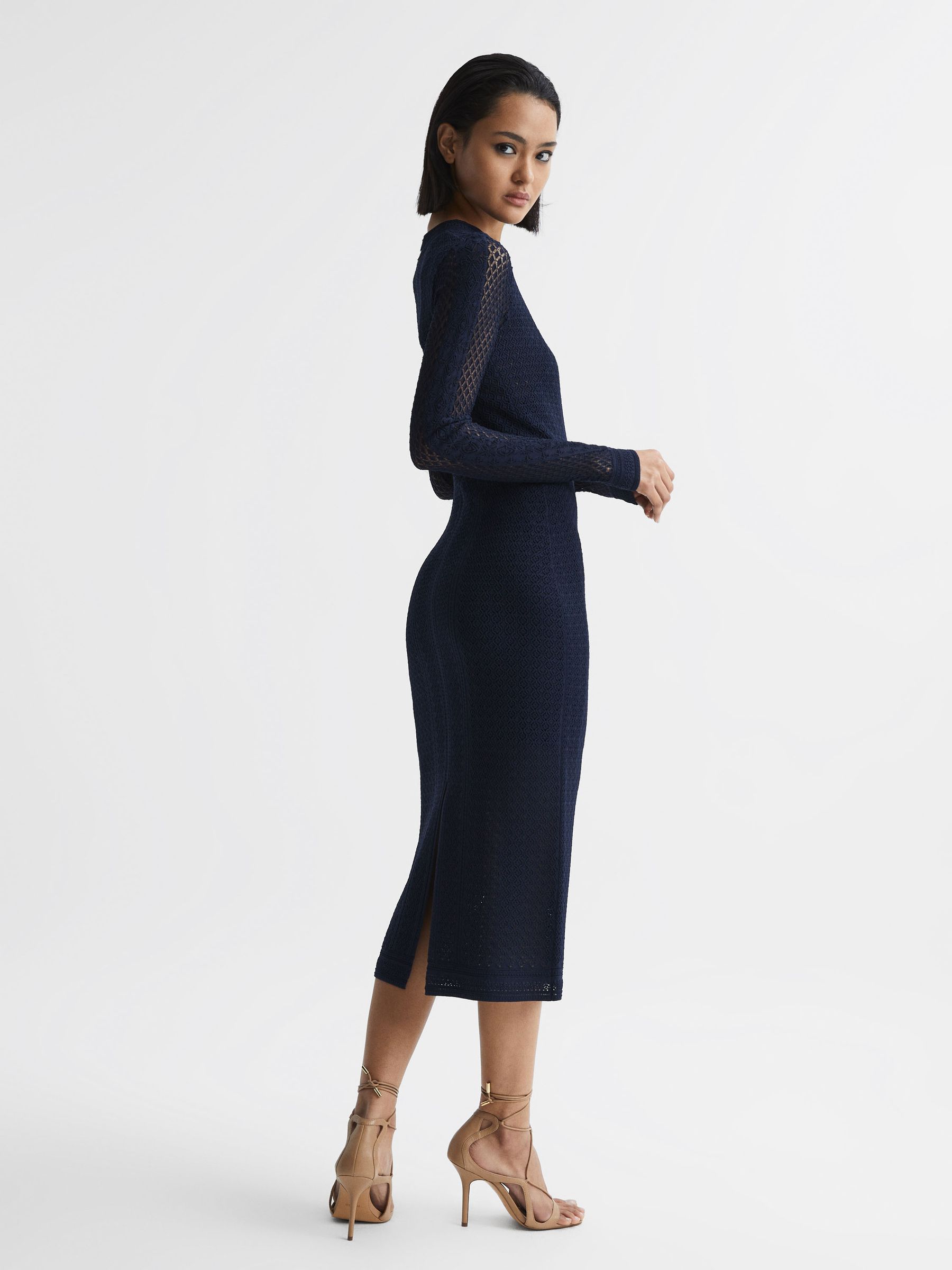 Knitted Bodycon Midi Dress in Navy - Image 5 of 8