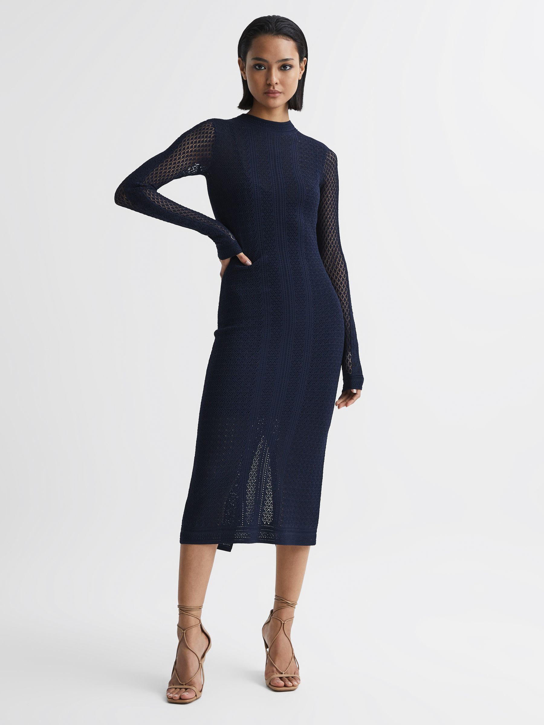 Knitted Bodycon Midi Dress in Navy - Image 6 of 8