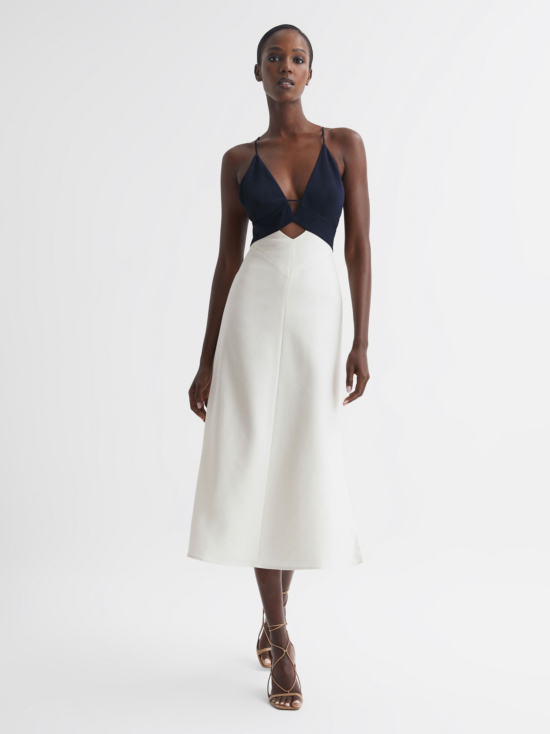 Colourblock Strappy Midi Dress in Navy/White - Image 3 of 7