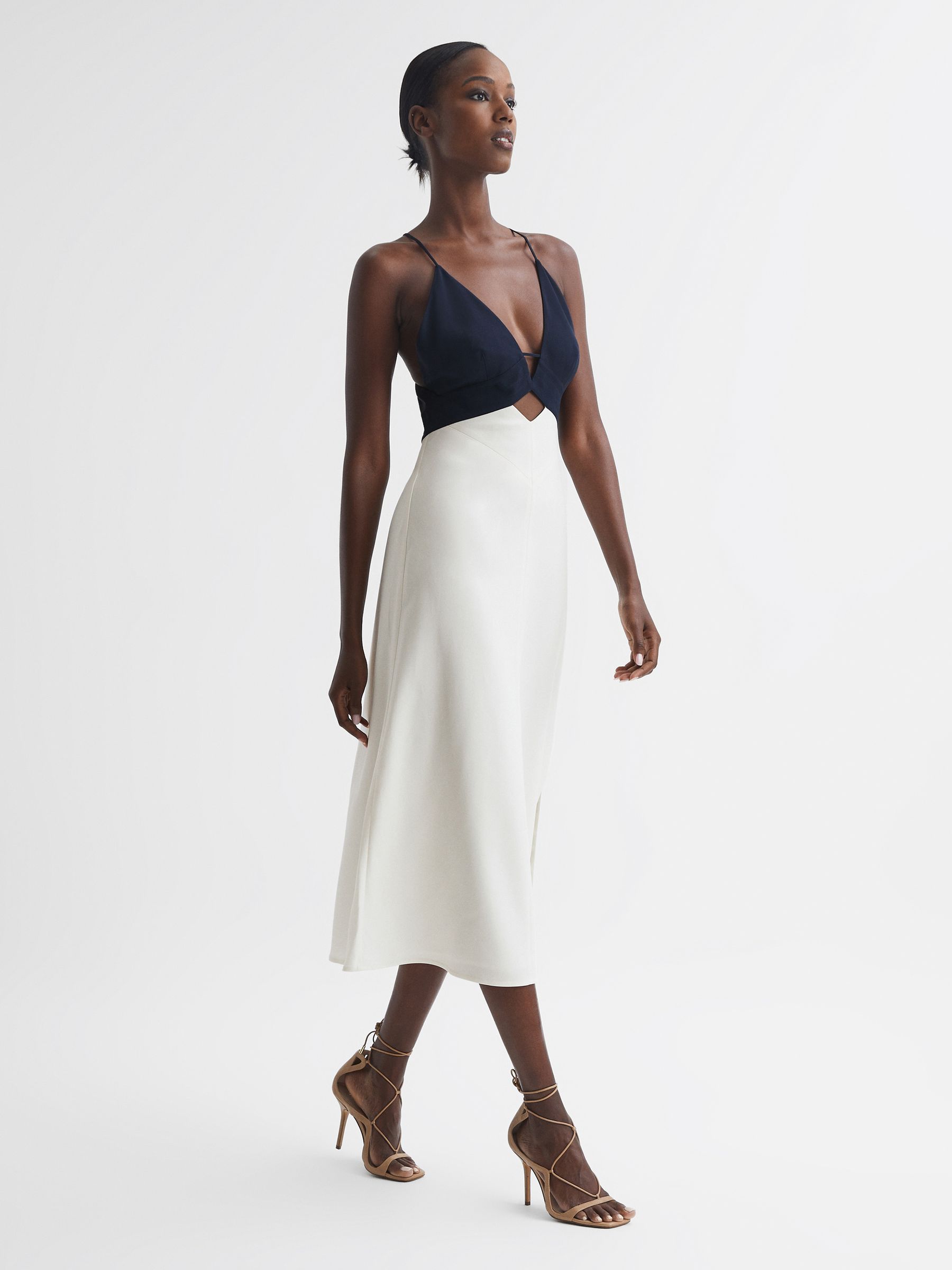 Colourblock Strappy Midi Dress in Navy/White - Image 6 of 7