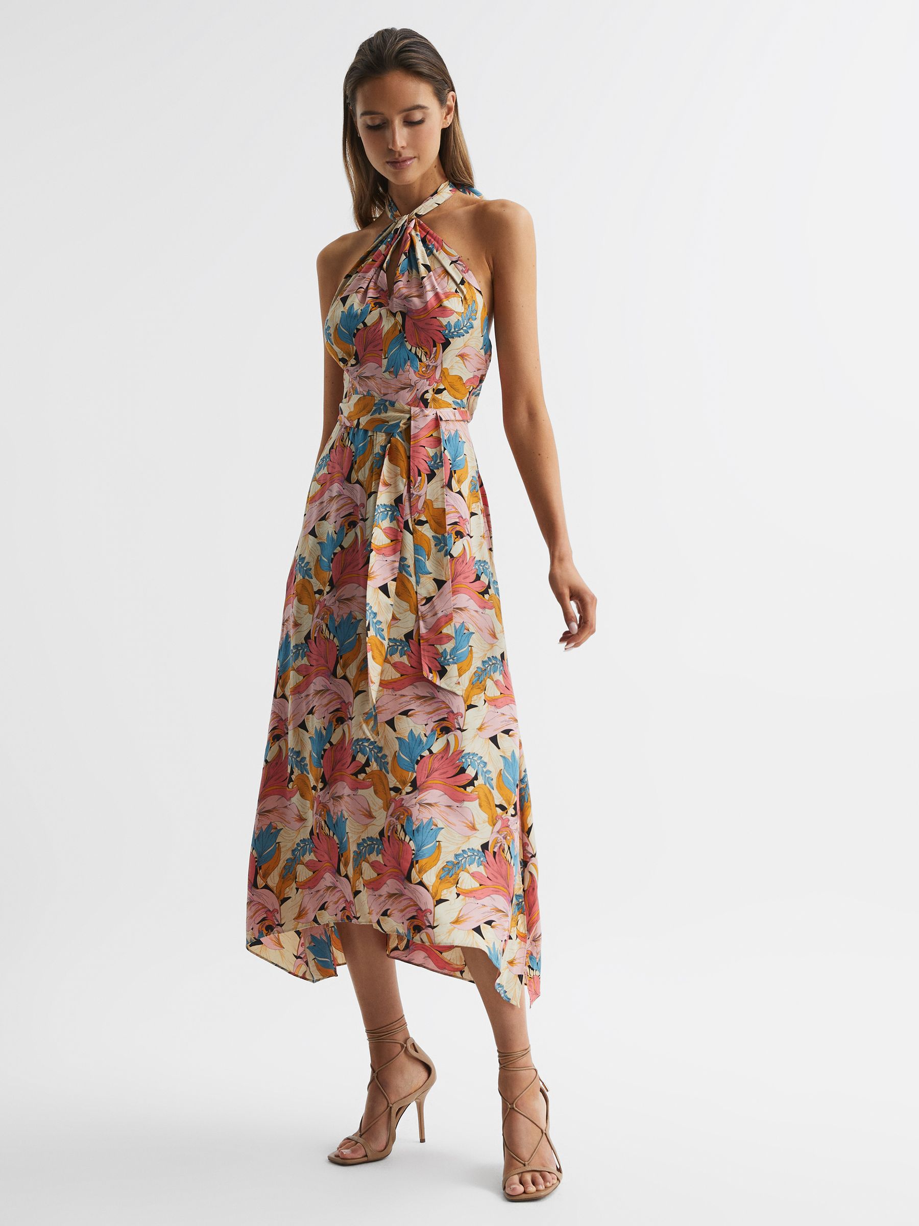 Floral Printed Halter Neck Midi Dress in Pink/Neutral - Image 1 of 6