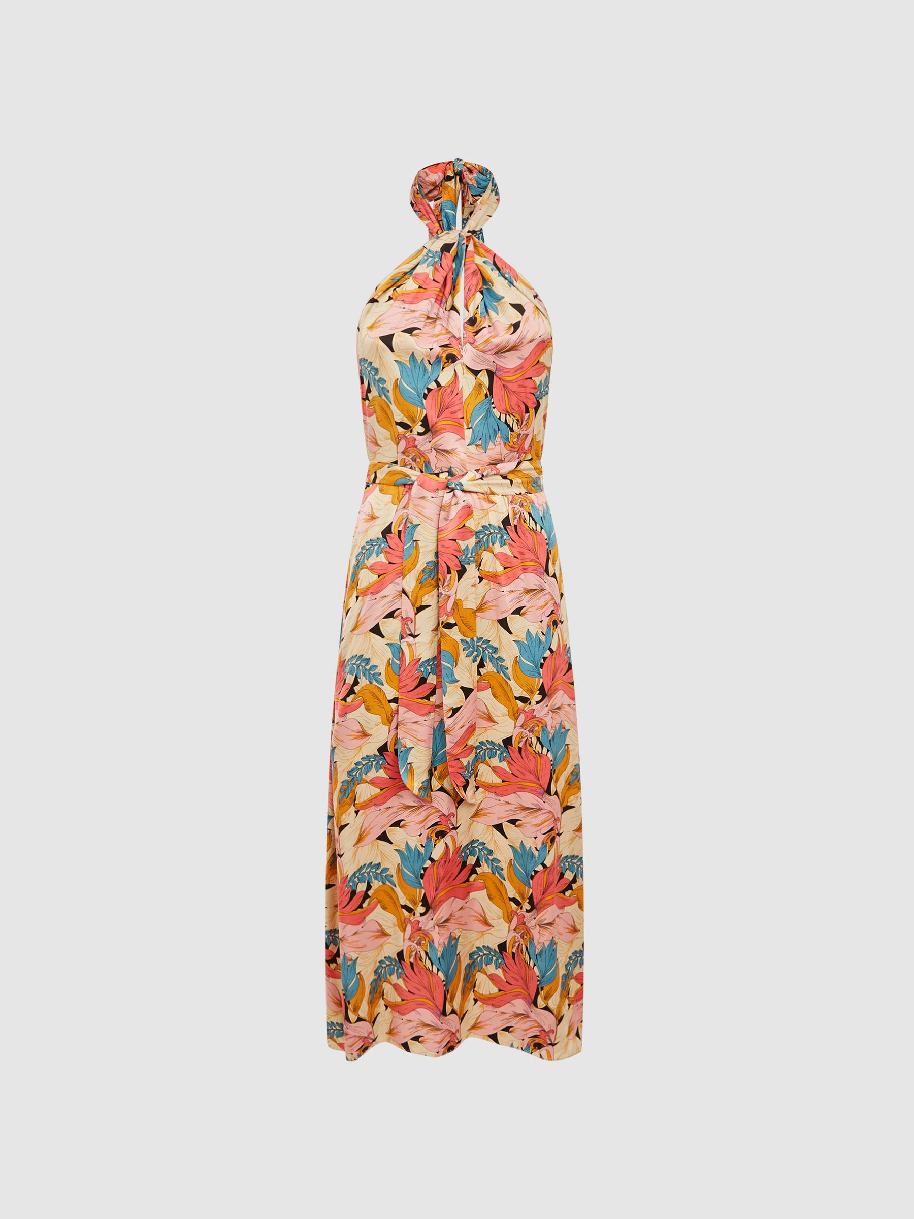 Floral Printed Halter Neck Midi Dress in Pink/Neutral - Image 2 of 6