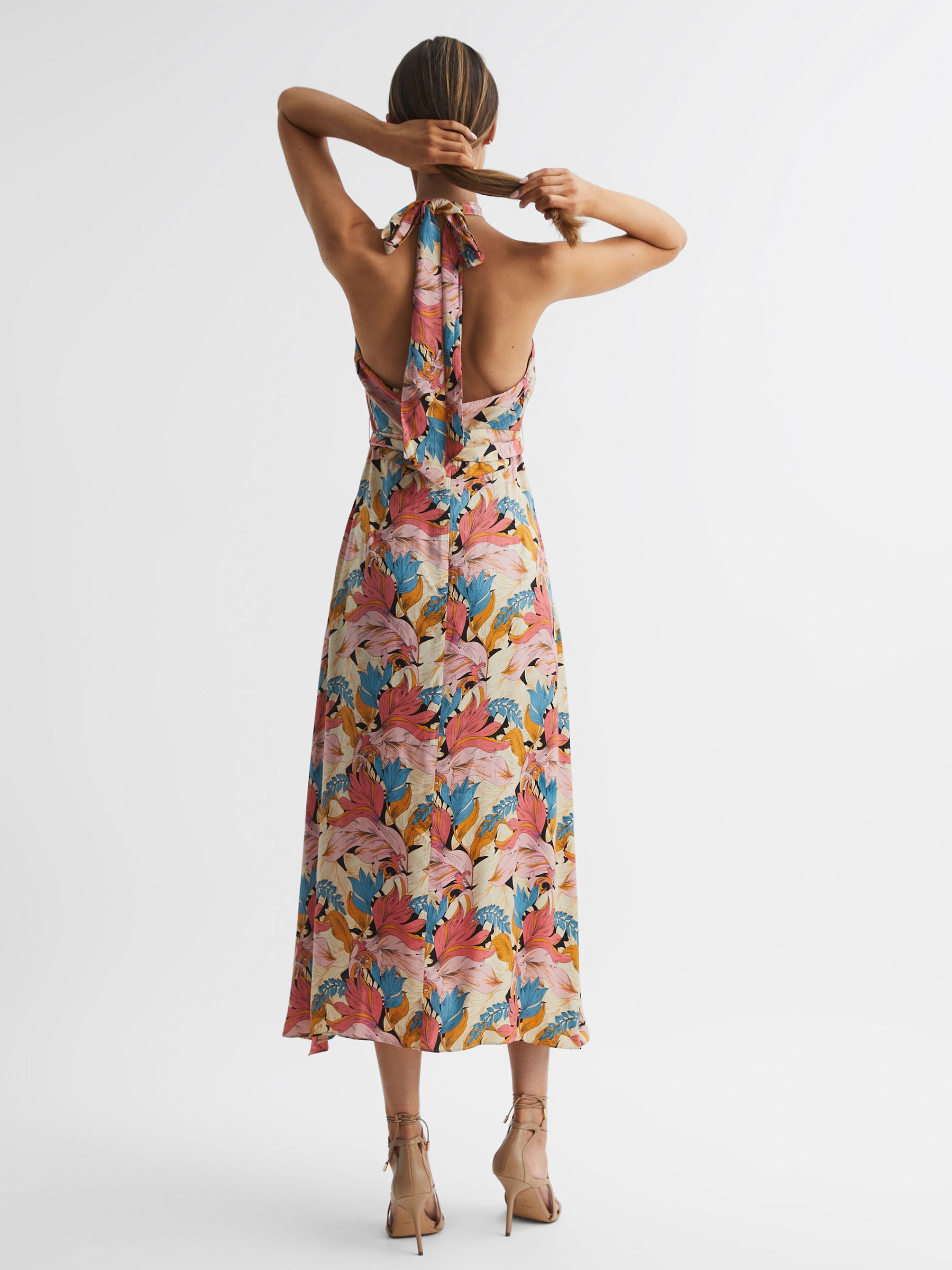 Floral Printed Halter Neck Midi Dress in Pink/Neutral - Image 7 of 12