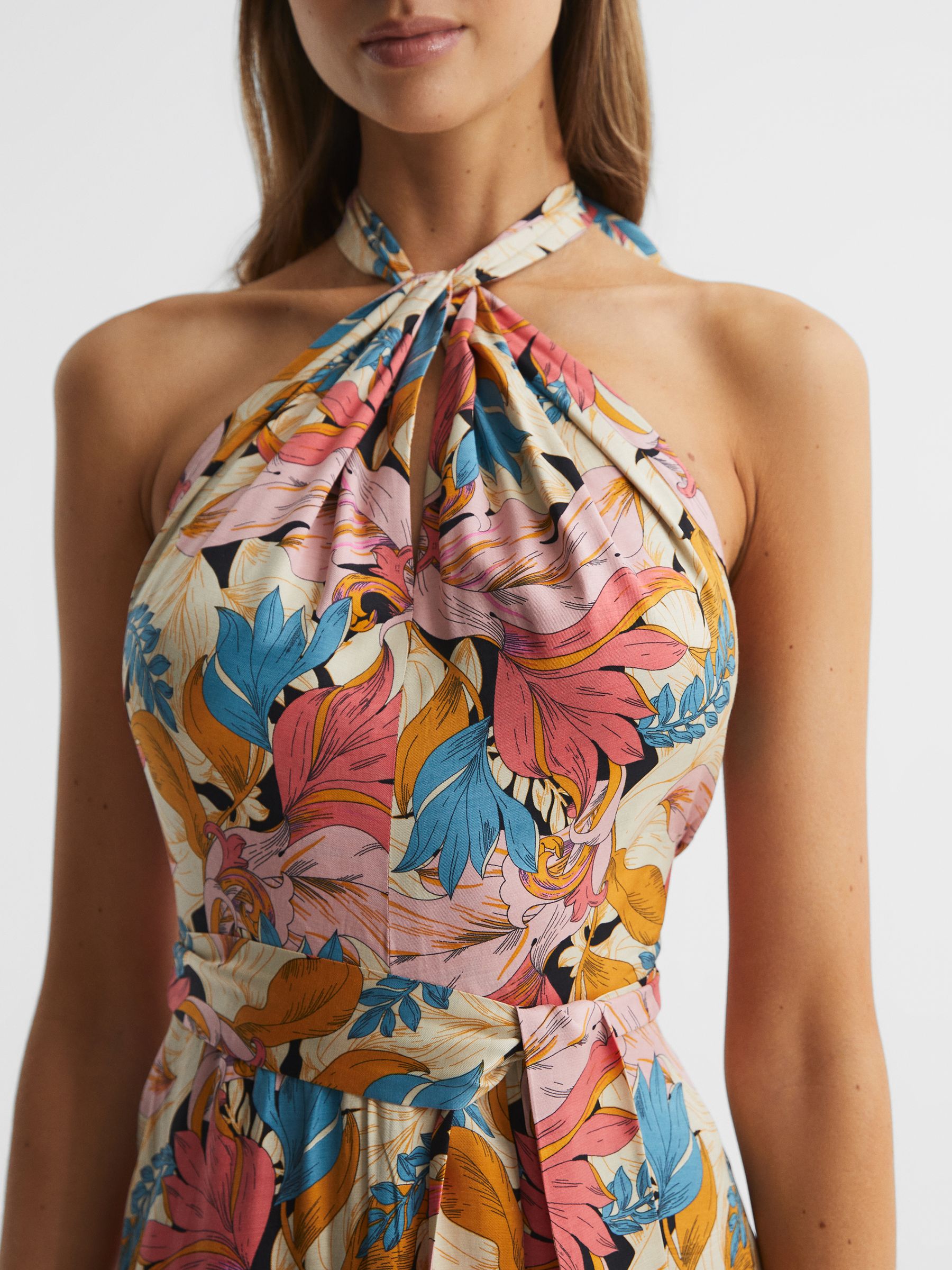 Floral Printed Halter Neck Midi Dress in Pink/Neutral - Image 8 of 12