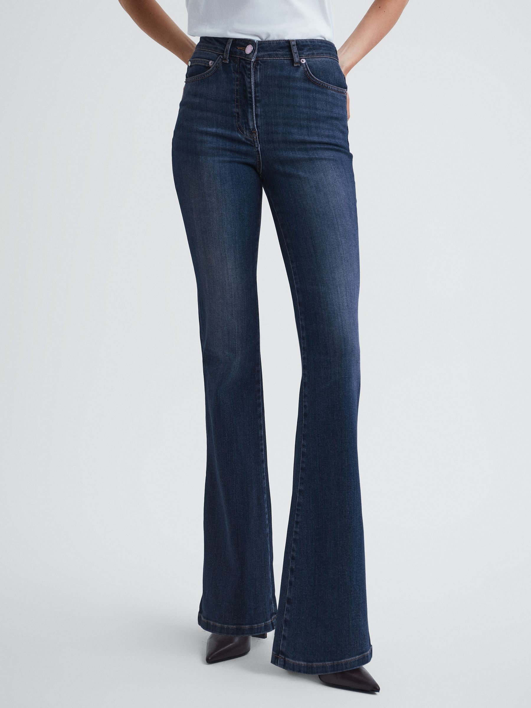 Petite High Rise Flared Jeans in Mid Blue - Image 3 of 6