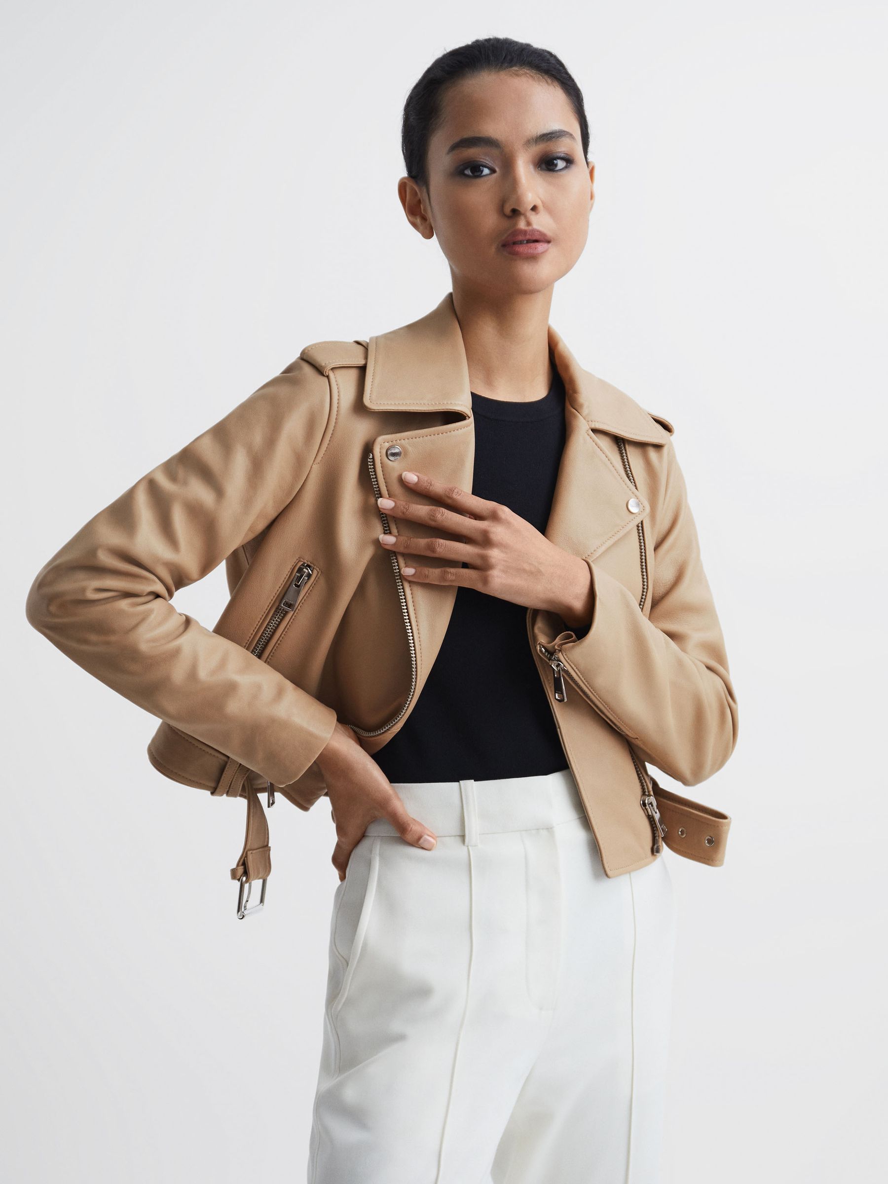 Leather Biker Jacket in Neutral - Image 1 of 7