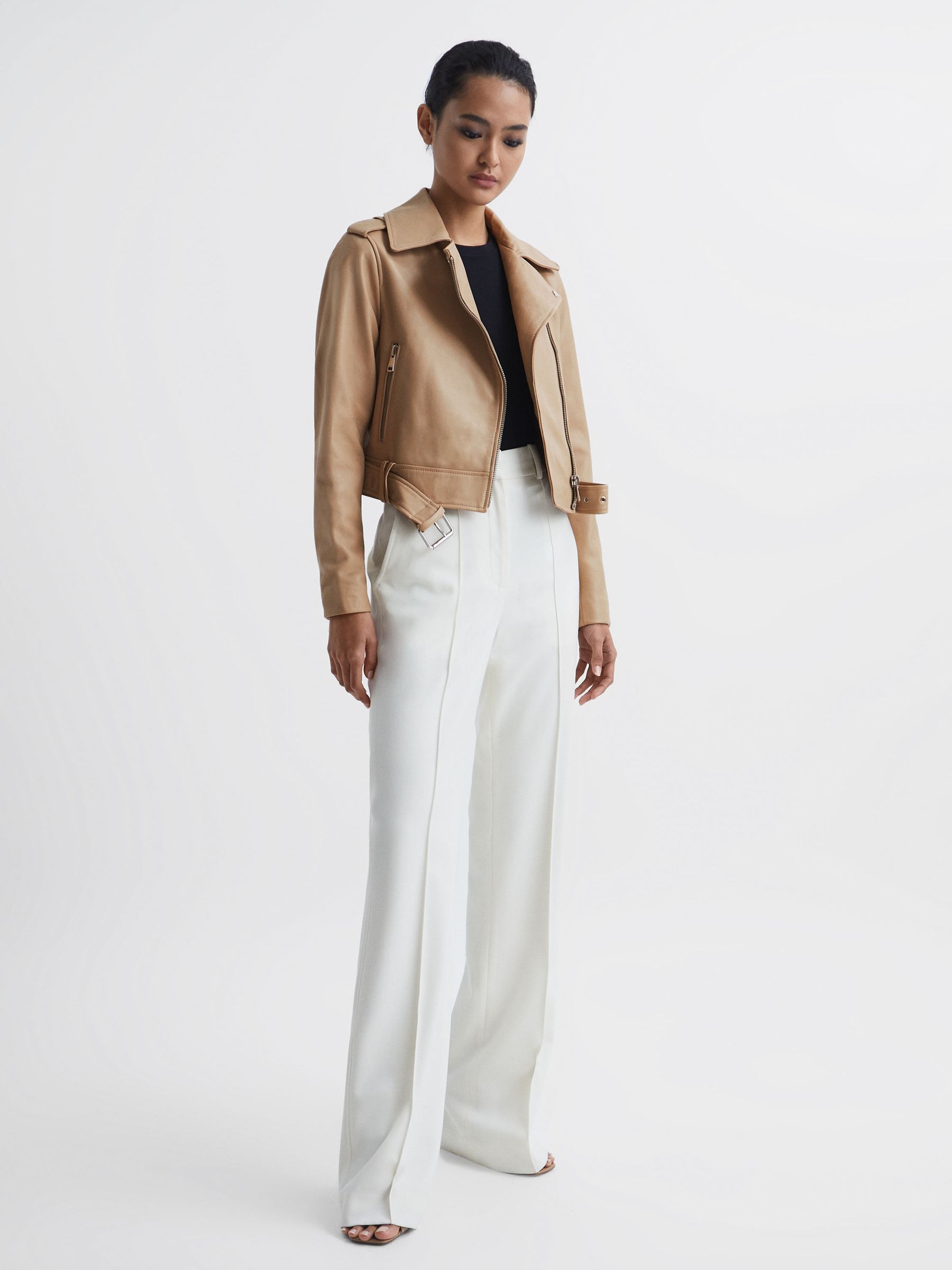 Leather Biker Jacket in Neutral - Image 3 of 7