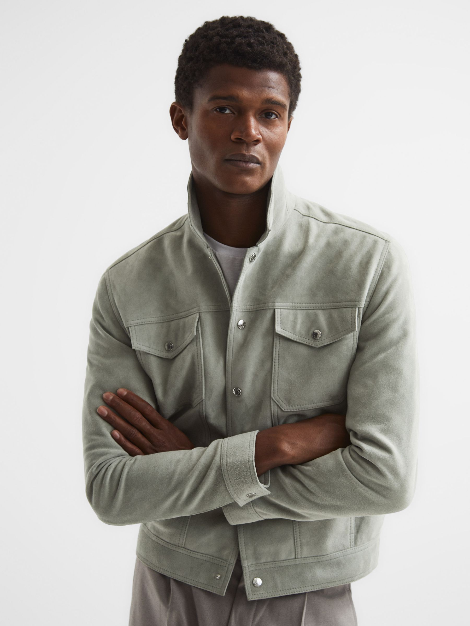 Suede Button-Through Trucker Jacket in Sage - Image 1 of 6
