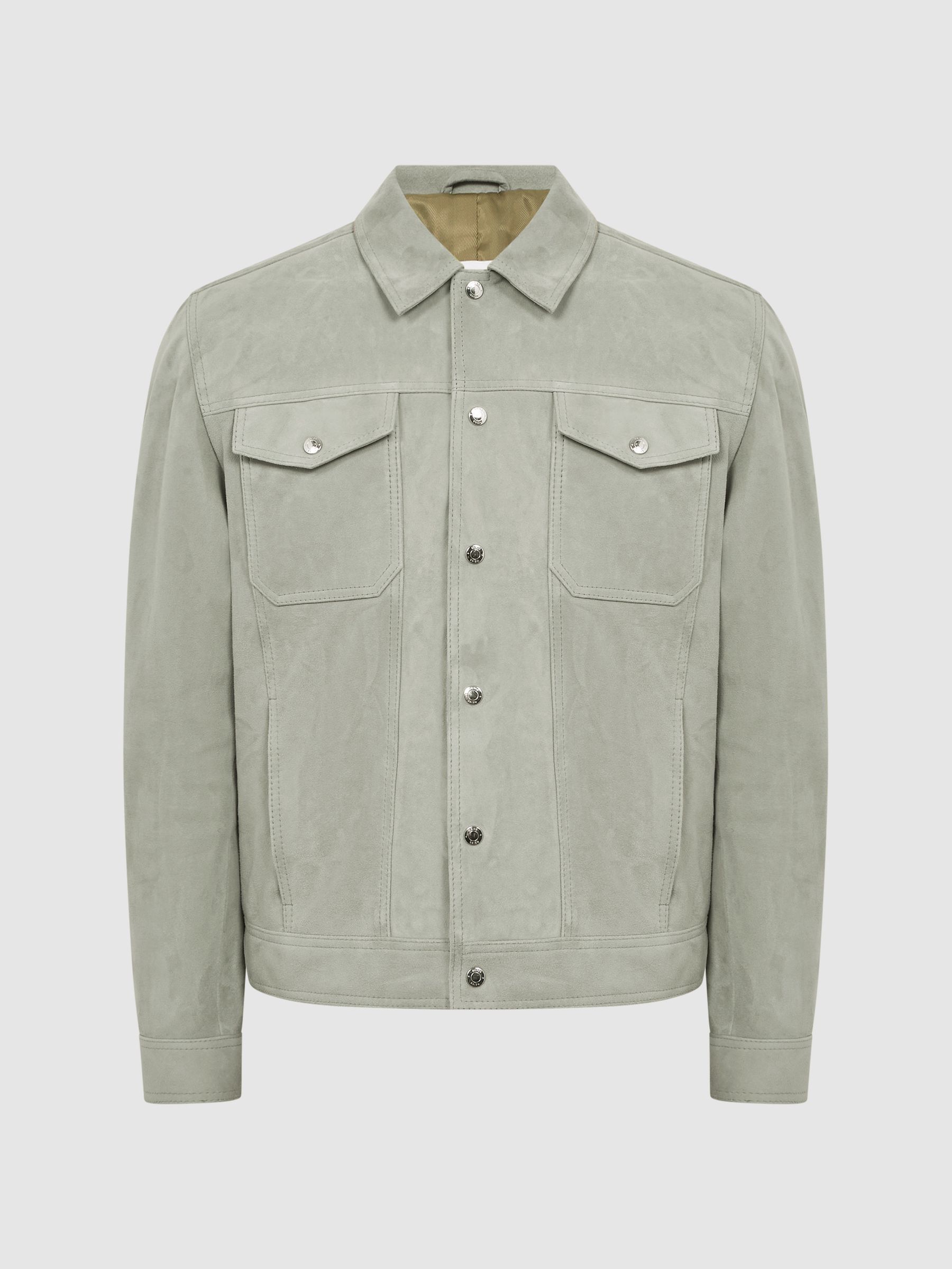 Suede Button-Through Trucker Jacket in Sage - Image 2 of 6