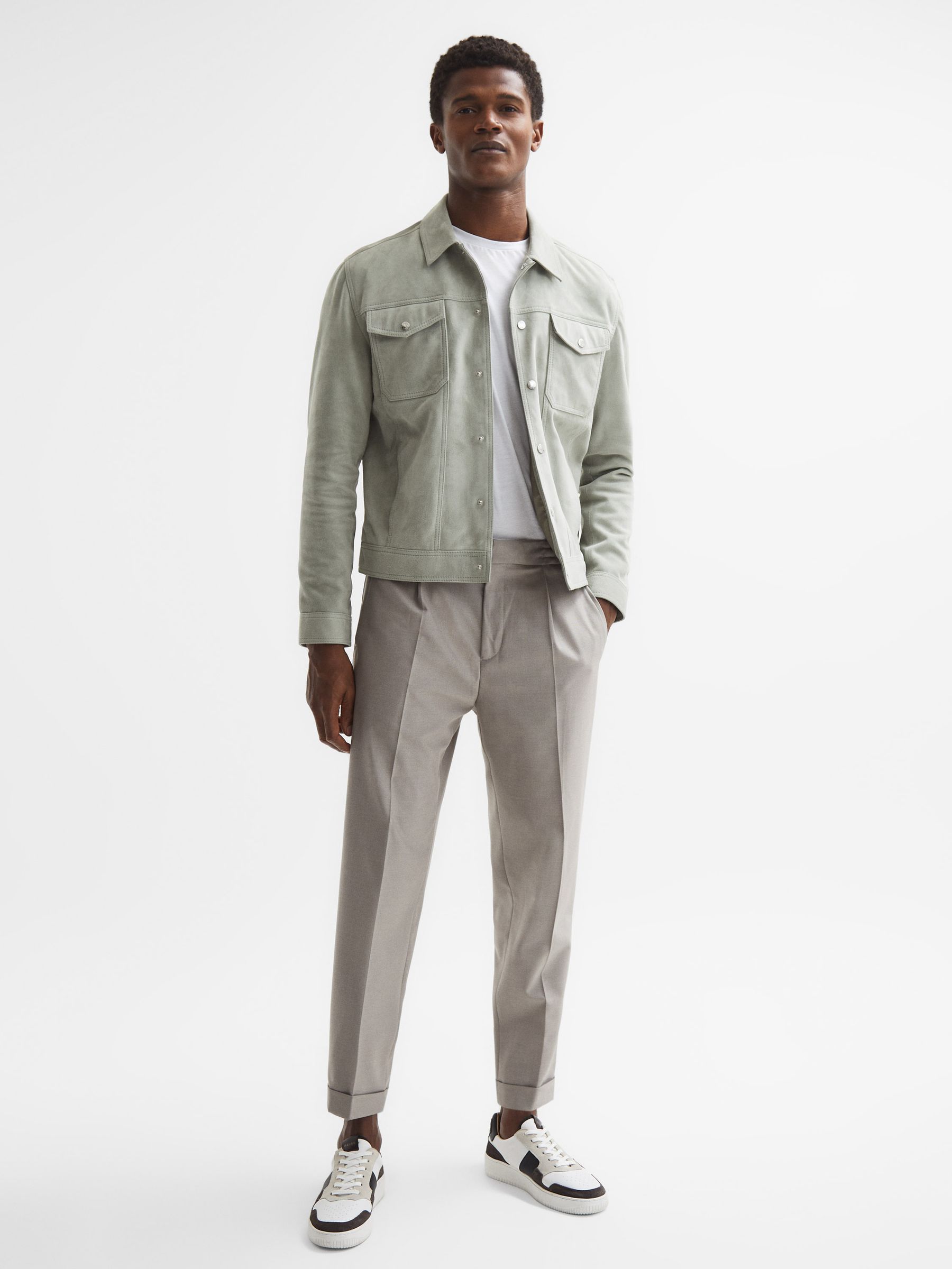 Suede Button-Through Trucker Jacket in Sage - Image 3 of 6