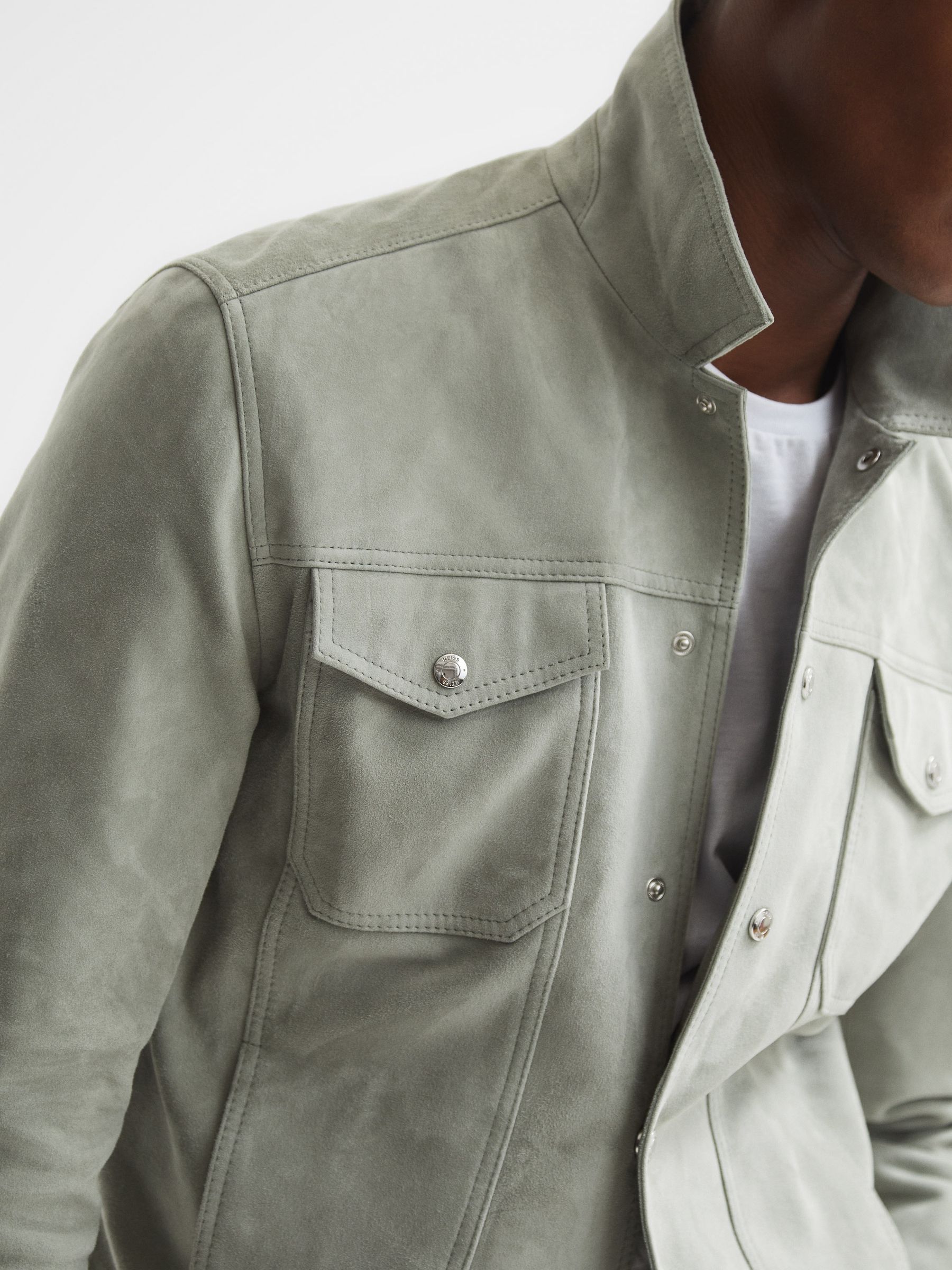 Suede Button-Through Trucker Jacket in Sage - Image 4 of 6